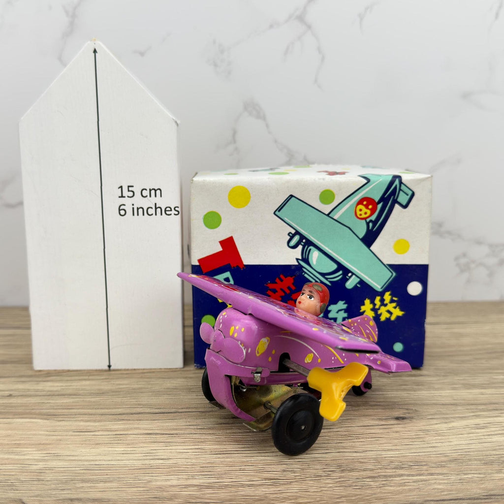 Vintage Pink Tin Training Plane Toy, Wind-Up Collectible