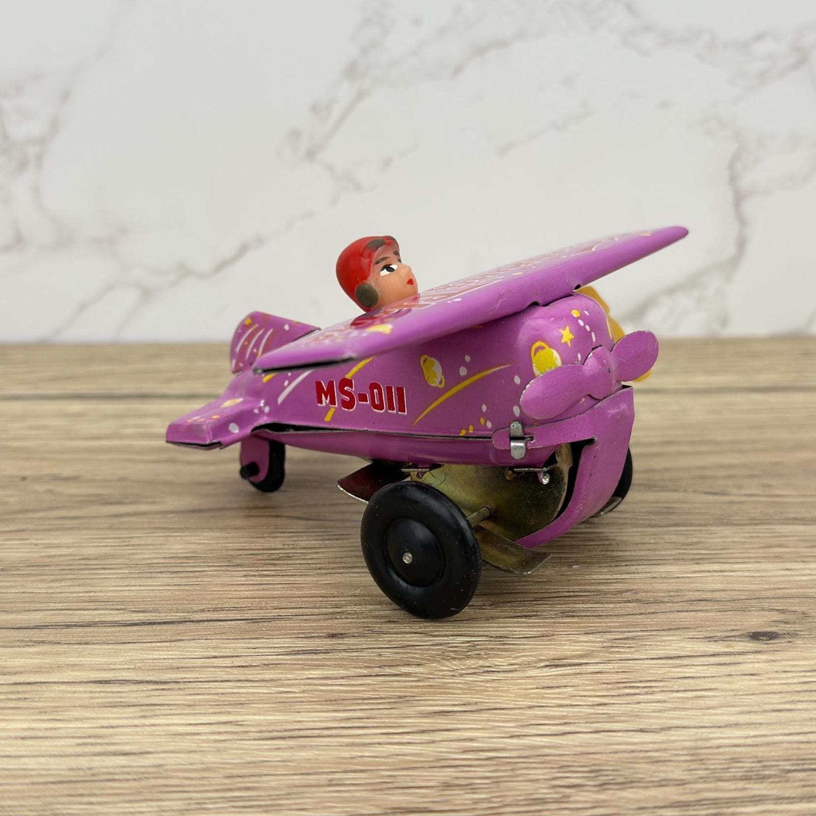 Vintage Pink Tin Training Plane Toy, Wind-Up Collectible