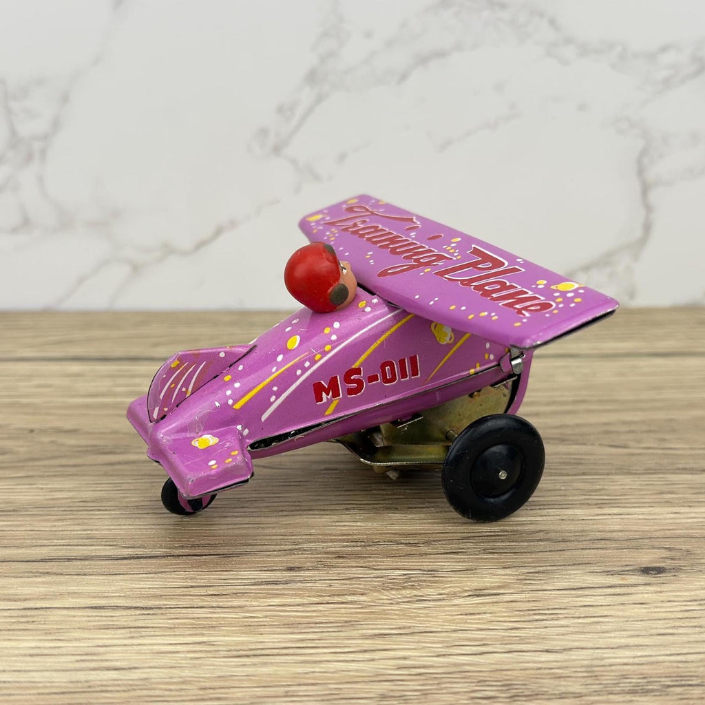 Vintage Pink Tin Training Plane Toy, Wind-Up Collectible
