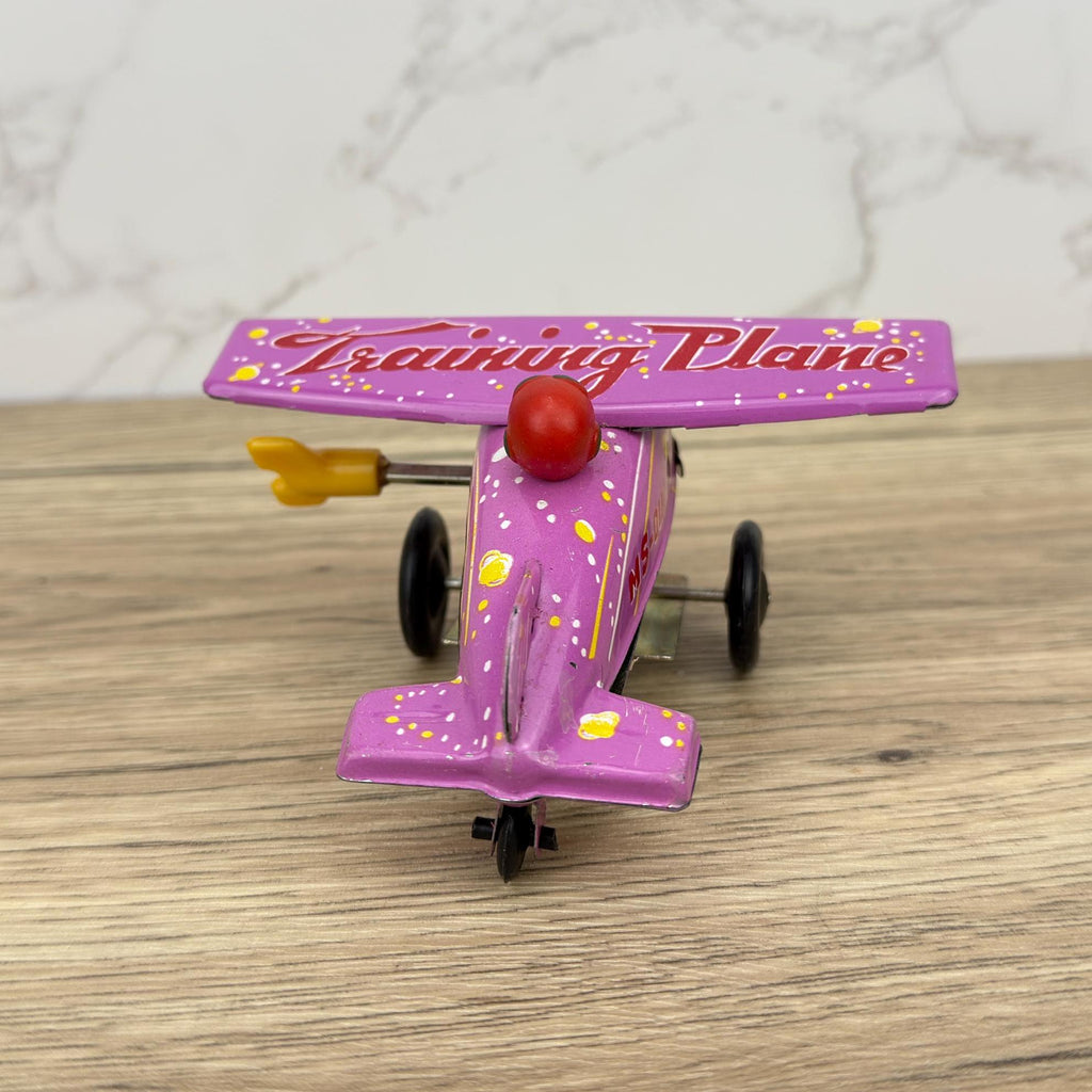 Vintage Pink Tin Training Plane Toy, Wind-Up Collectible
