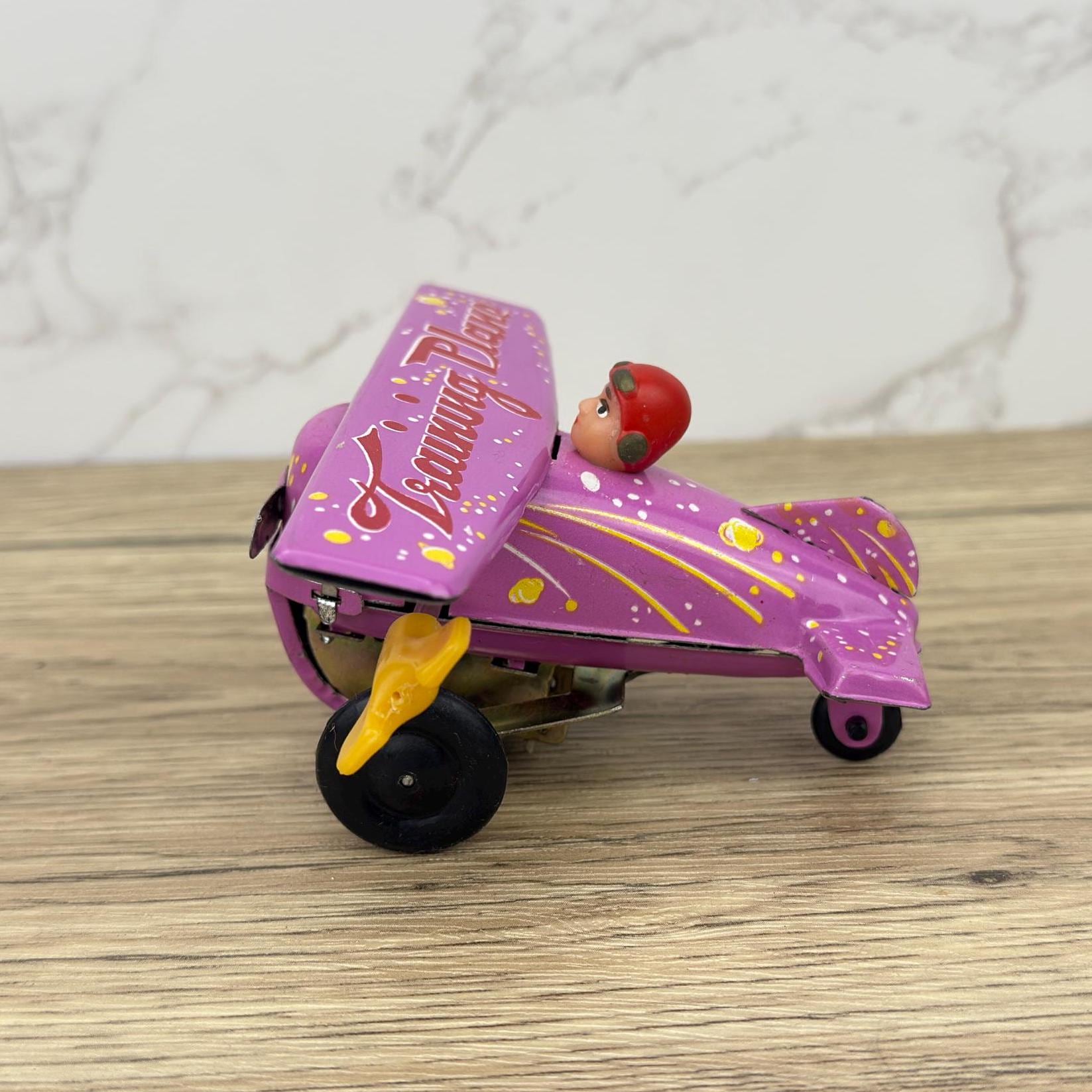 Vintage Pink Tin Training Plane Toy, Wind-Up Collectible