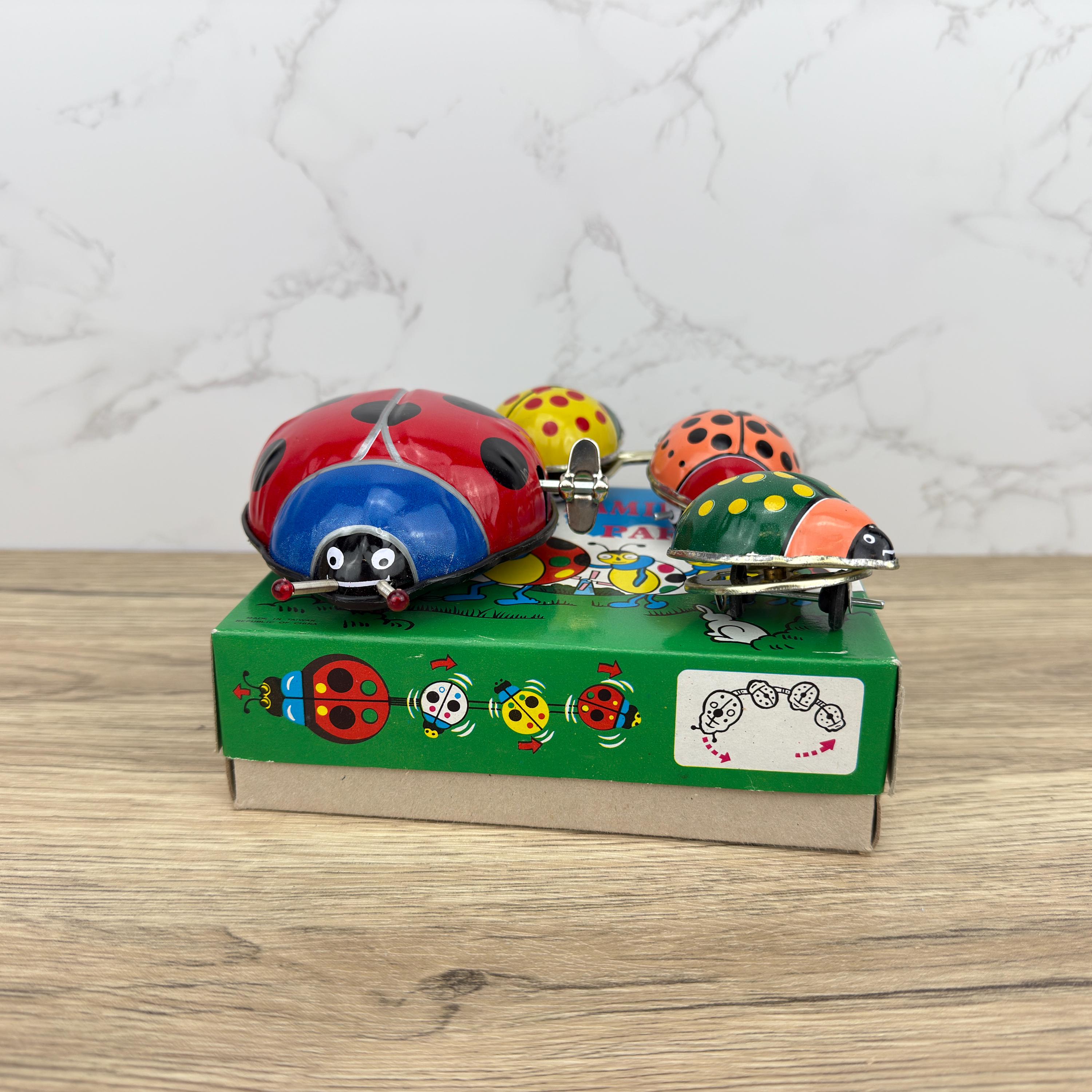 Vintage Tinplate Ladybug Family Parade Windup Toy, Collectible with Box