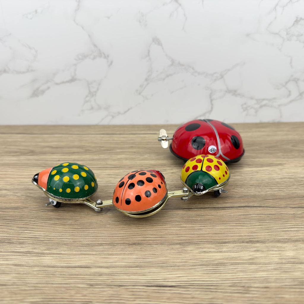 Vintage Tinplate Ladybug Family Parade Windup Toy, Collectible with Box