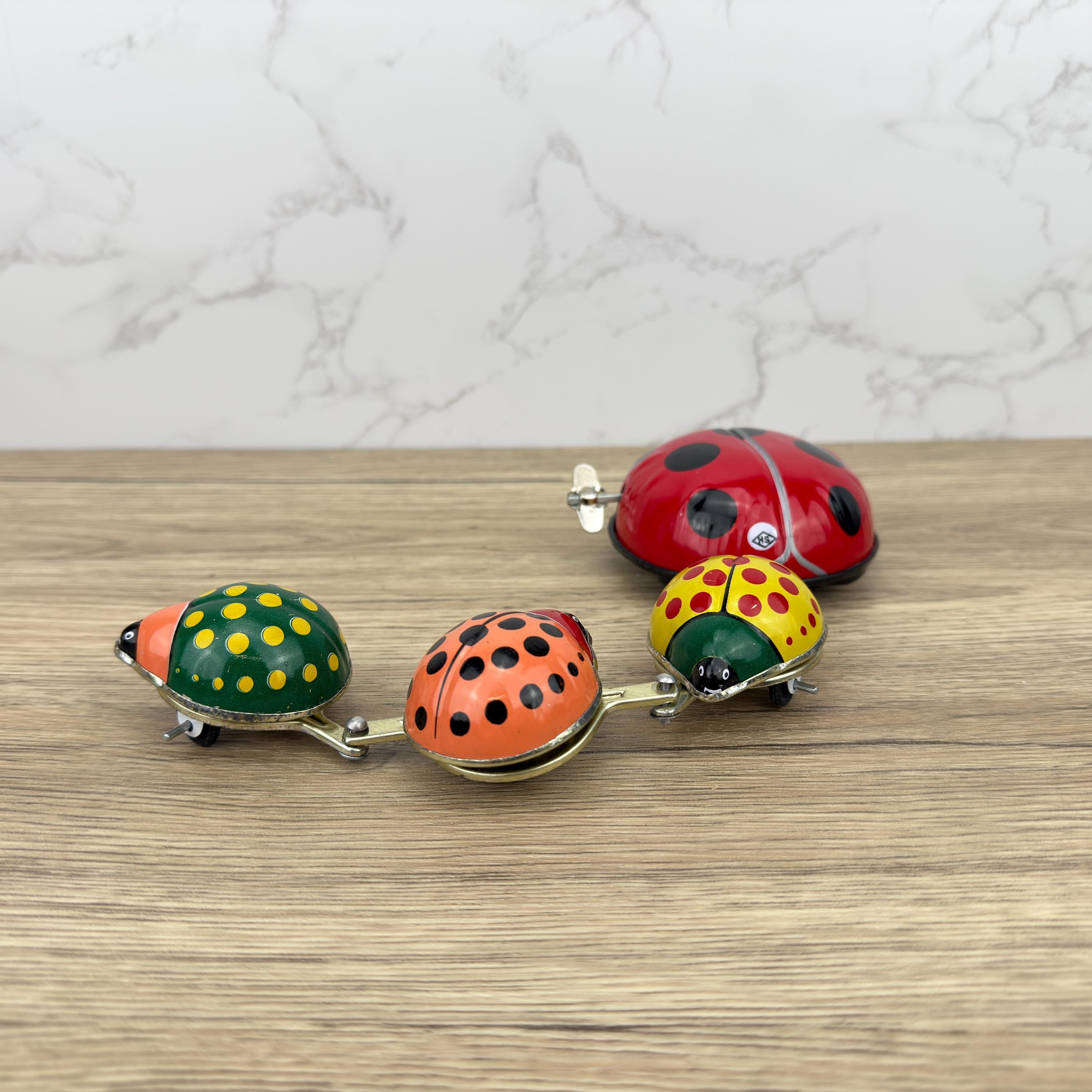 Vintage Tinplate Ladybug Family Parade Windup Toy, Collectible with Box