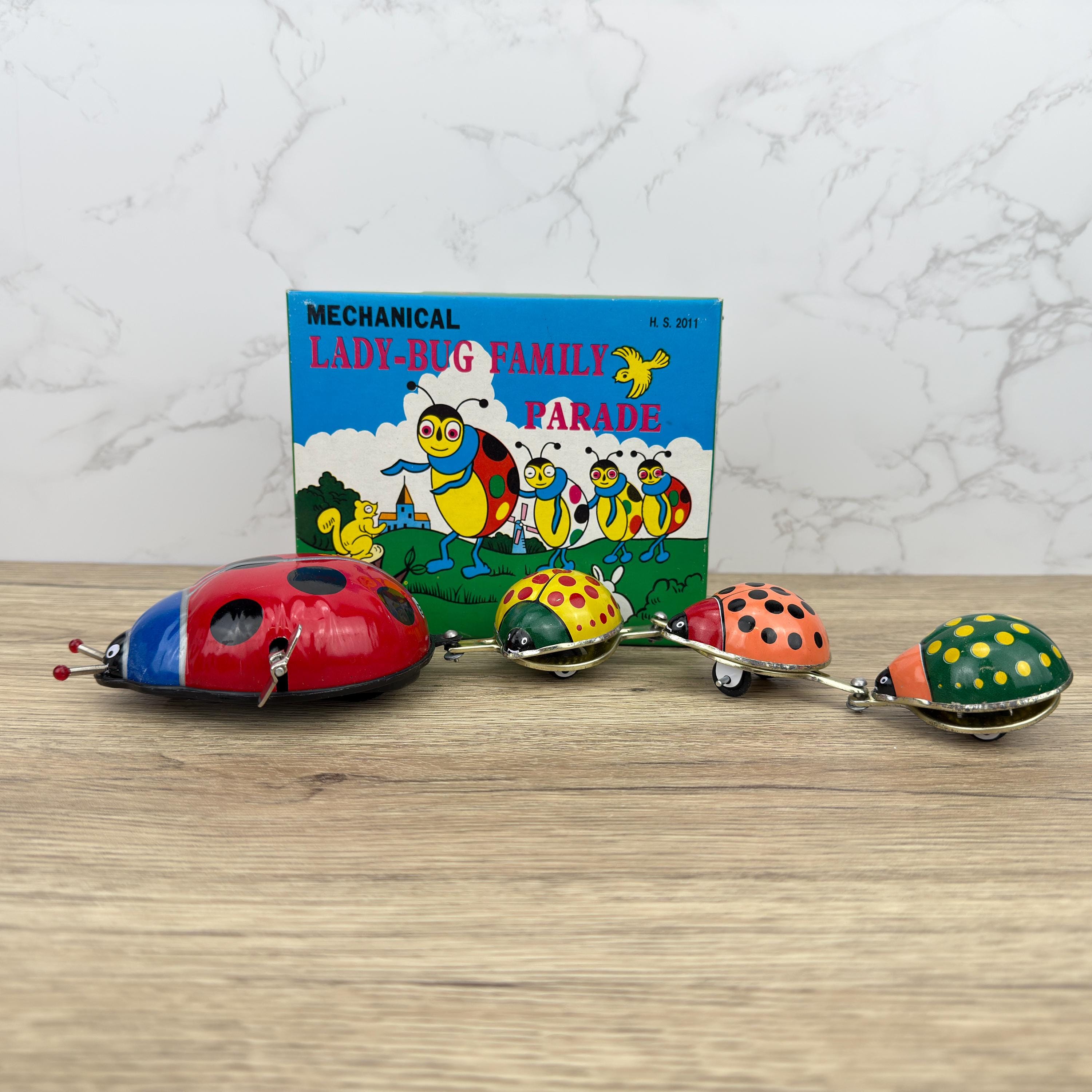 Vintage Tinplate Ladybug Family Parade Windup Toy, Collectible with Box