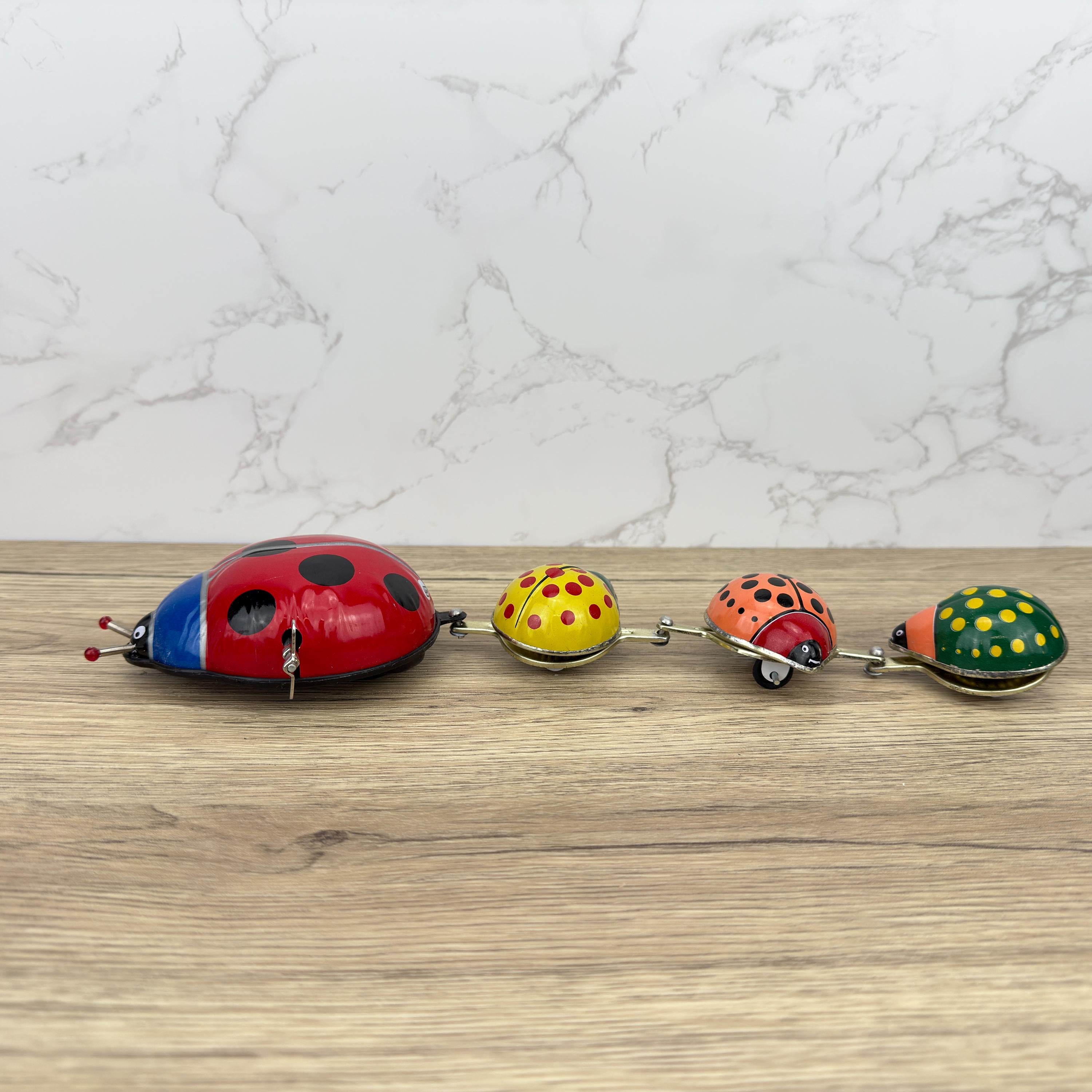 Vintage Tinplate Ladybug Family Parade Windup Toy, Collectible with Box