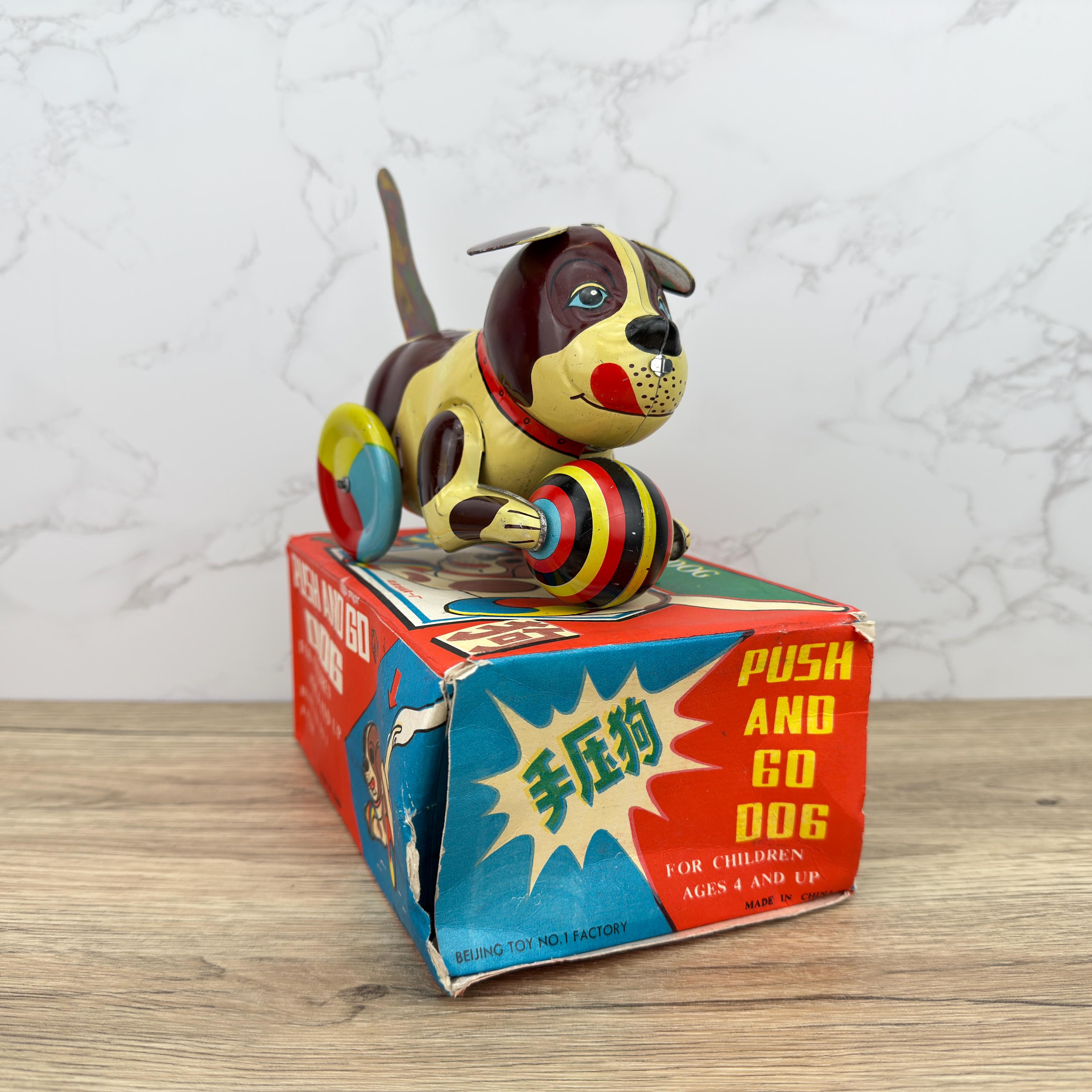 Vintage Metal Wind-Up Dog Toy, 1970s Tinplate Puppy, Push&Go