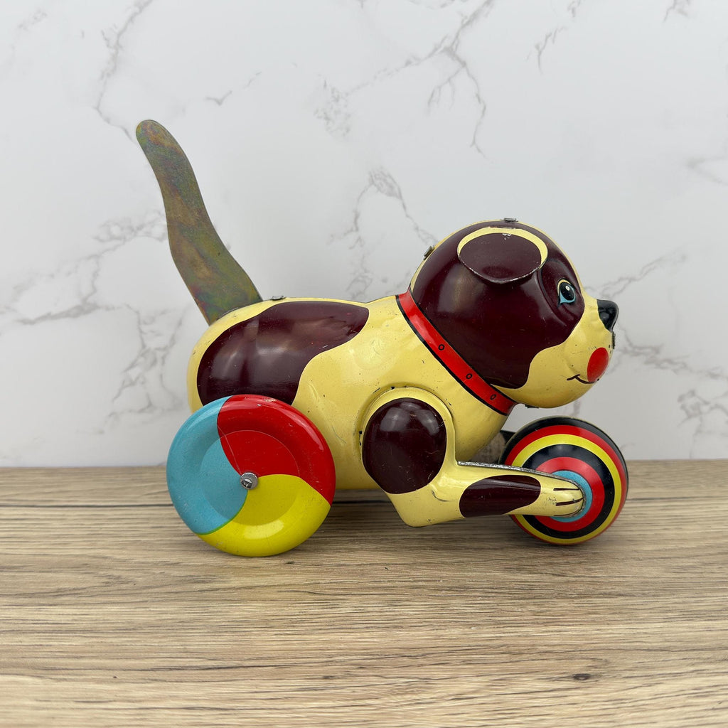 Vintage Metal Wind-Up Dog Toy, 1970s Tinplate Puppy, Push&Go