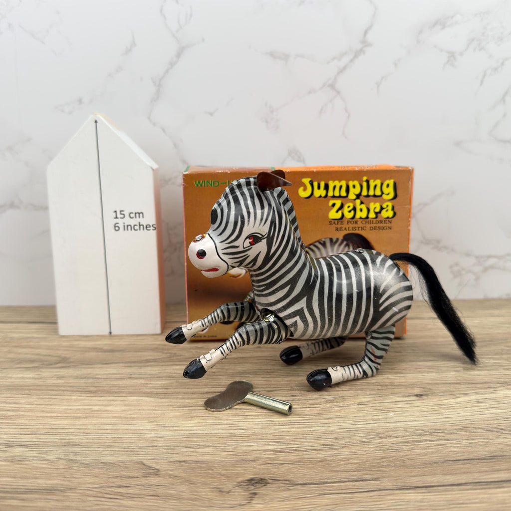 Vintage Wind-Up Tin Toy Bucking Zebra, Litho Clockwork 1970s, With Key & Box