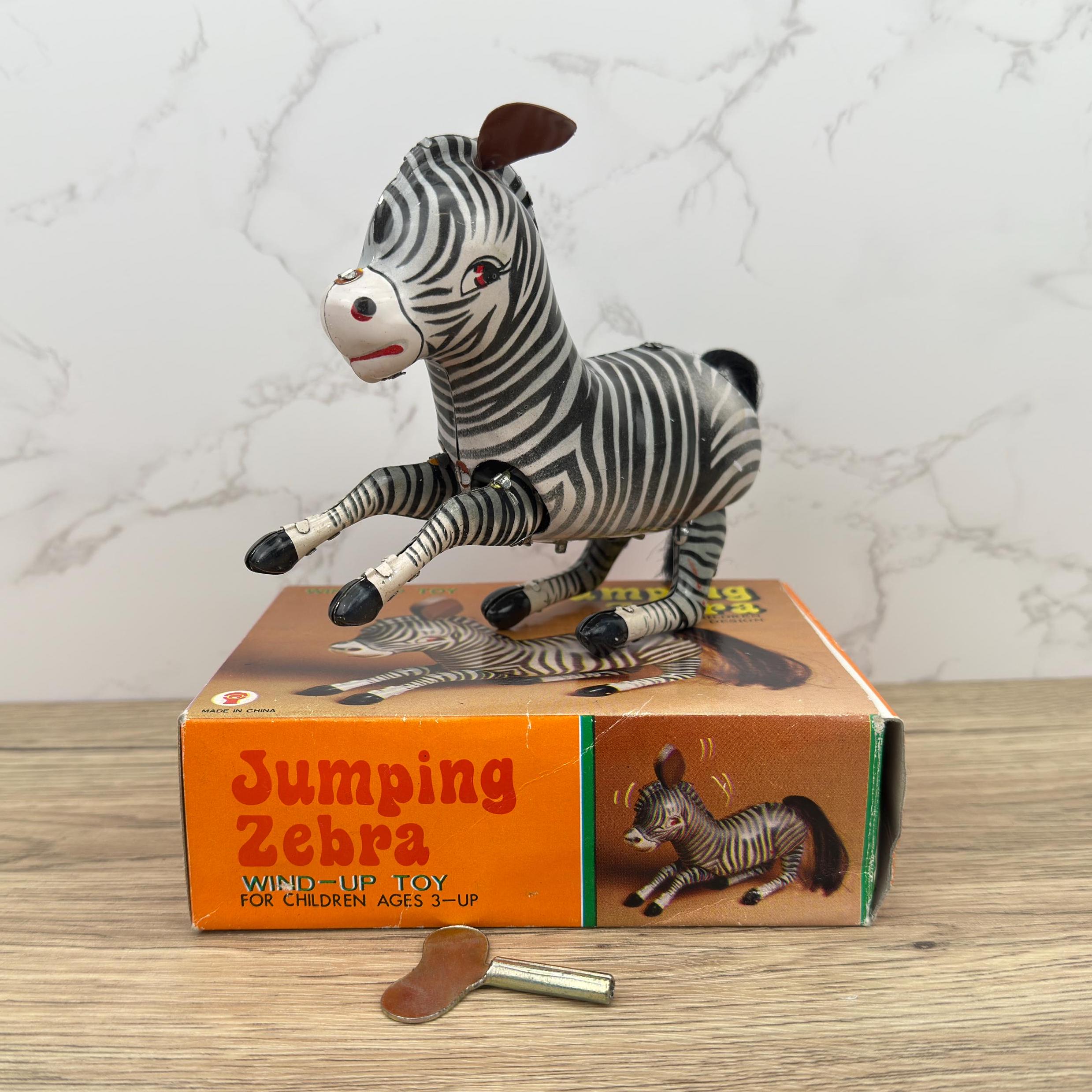 Vintage Wind-Up Tin Toy Bucking Zebra, Litho Clockwork 1970s, With Key & Box