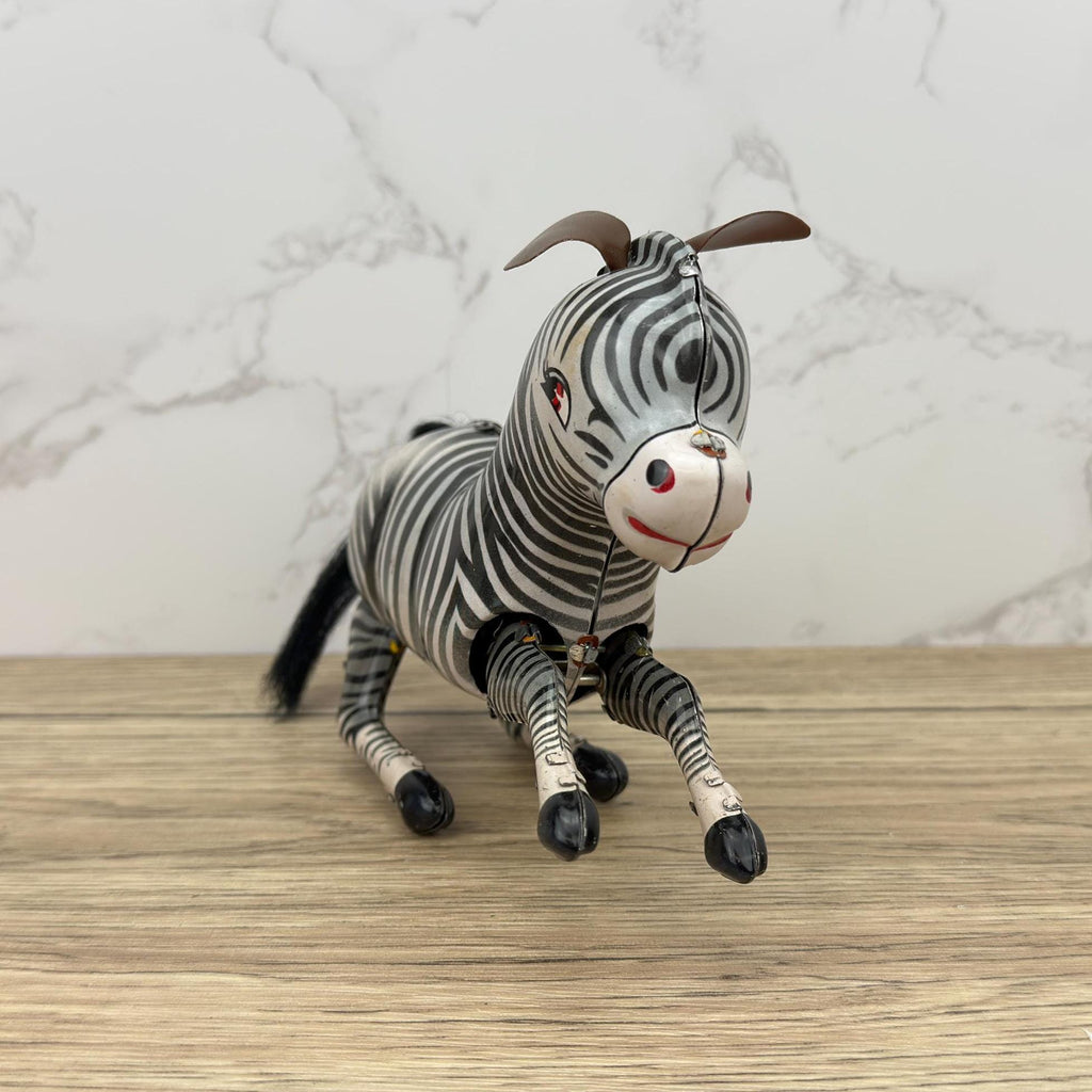Vintage Wind-Up Tin Toy Bucking Zebra, Litho Clockwork 1970s, With Key & Box