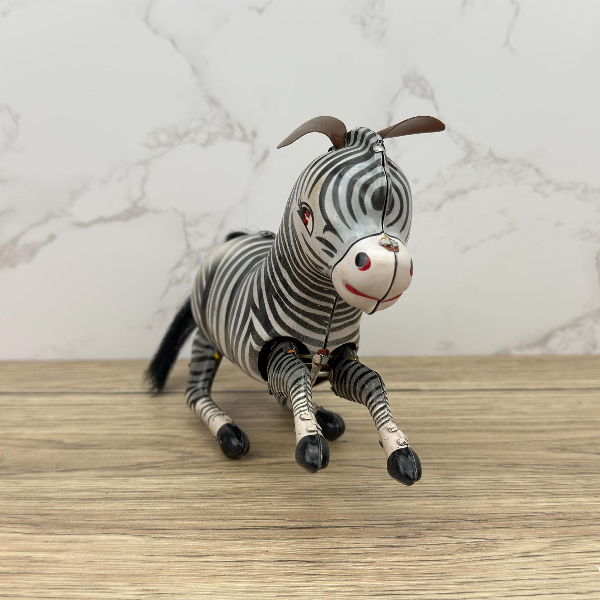 Vintage Wind-Up Tin Toy Bucking Zebra, Litho Clockwork 1970s, With Key & Box