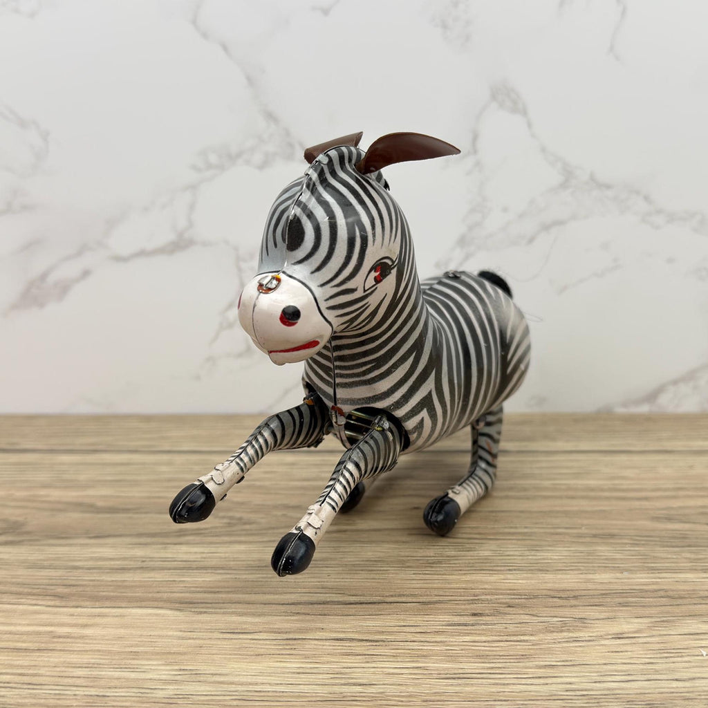 Vintage Wind-Up Tin Toy Bucking Zebra, Litho Clockwork 1970s, With Key & Box