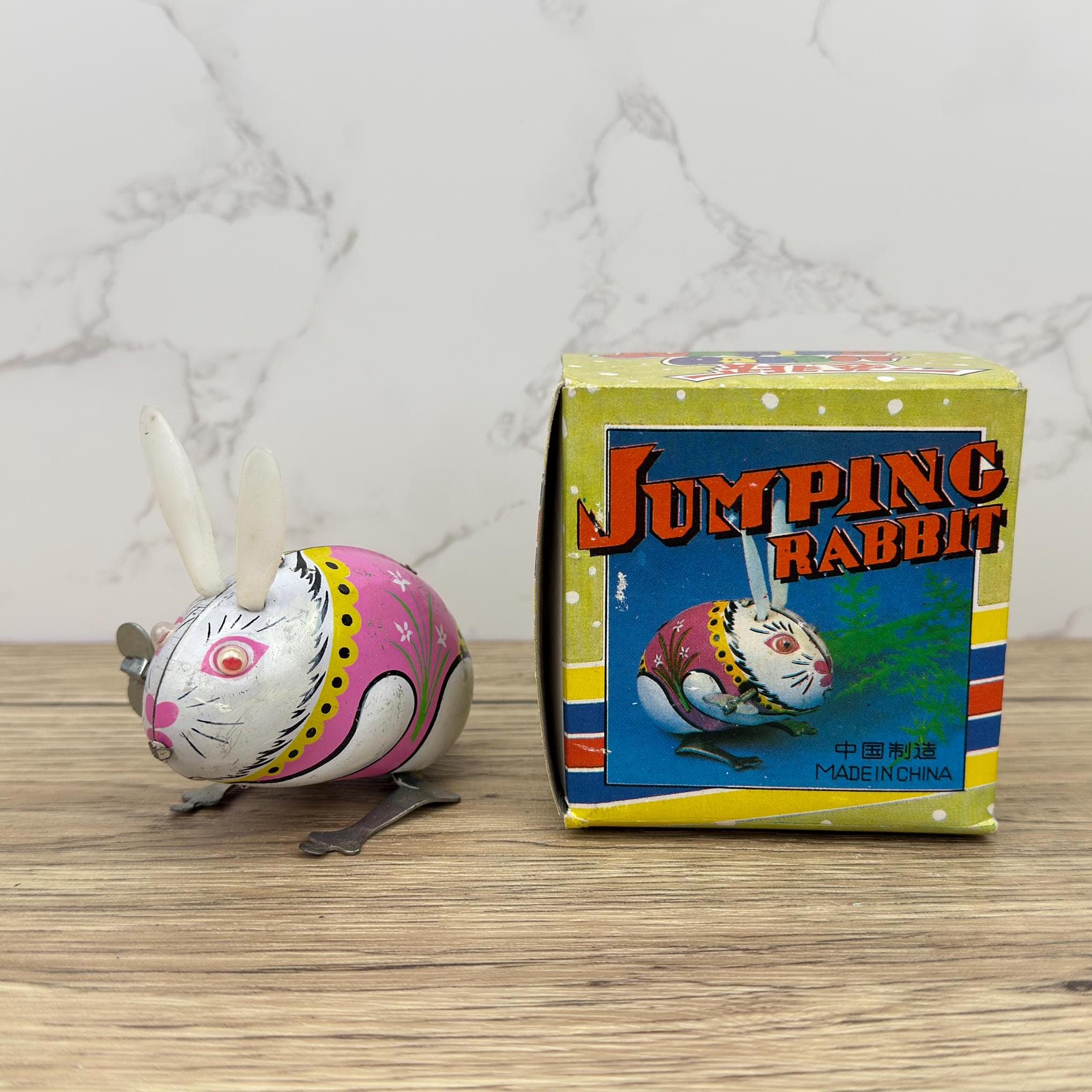 Vintage Clockwork Jumping Rabbit, MS083 Tin Litho Toy, Collectors Gift