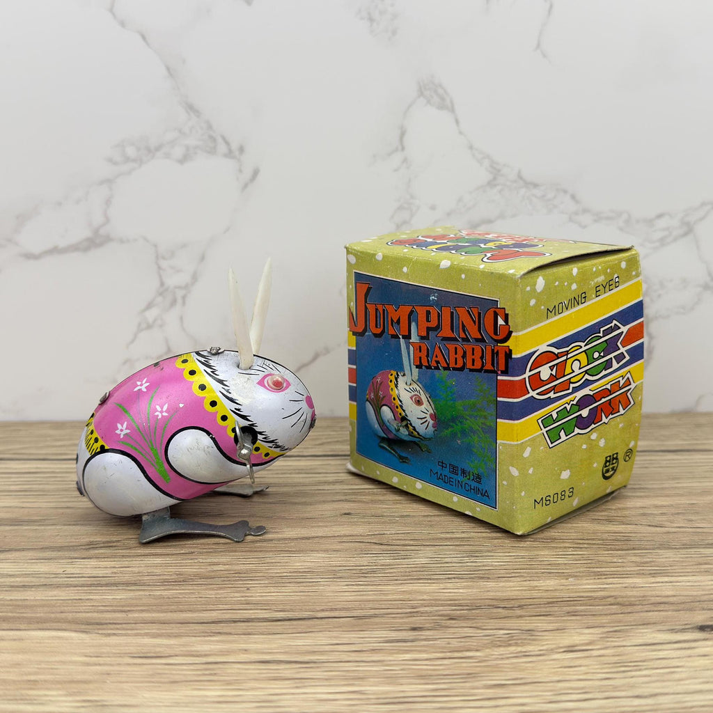 Vintage Clockwork Jumping Rabbit, MS083 Tin Litho Toy, Collectors Gift