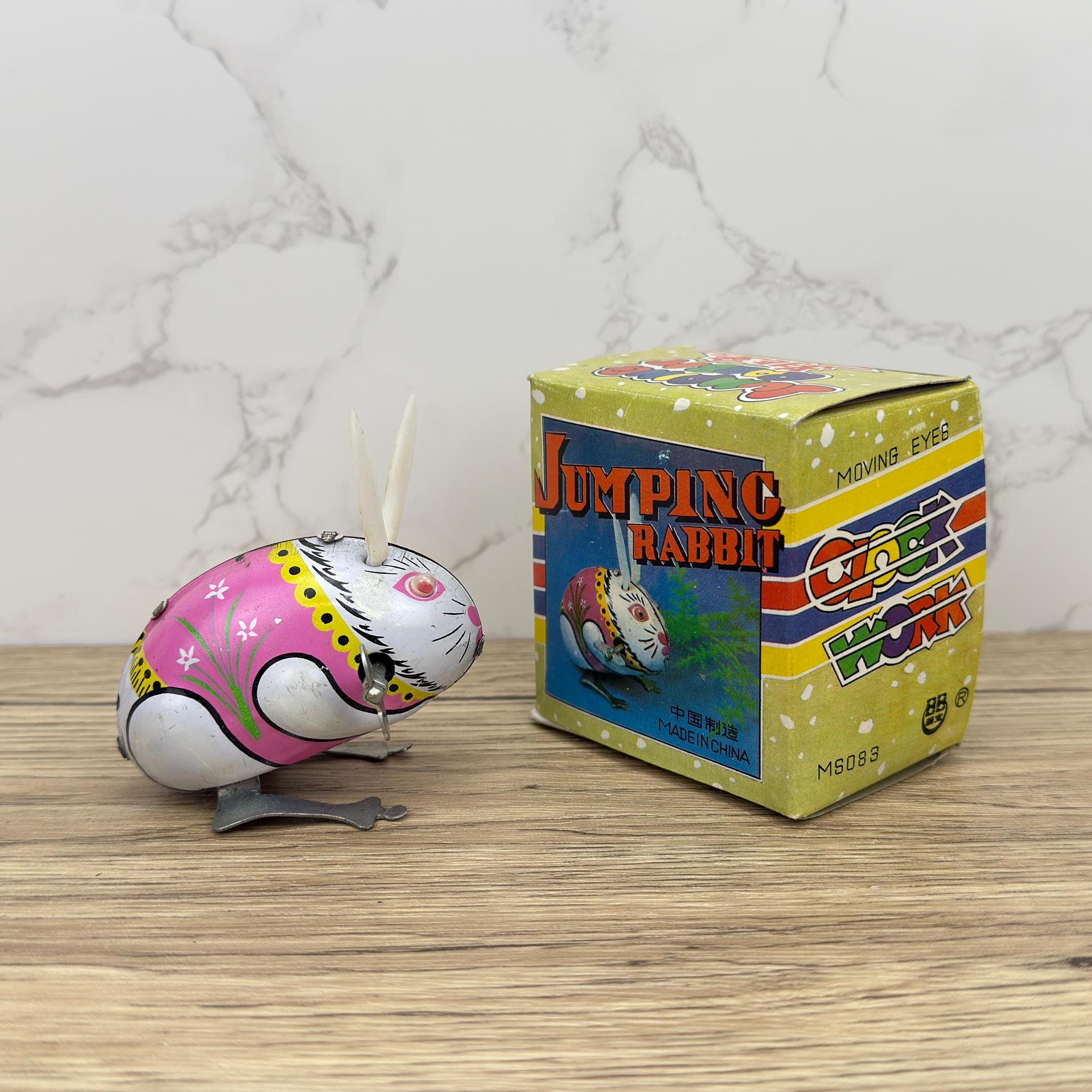 Vintage Clockwork Jumping Rabbit, MS083 Tin Litho Toy, Collectors Gift