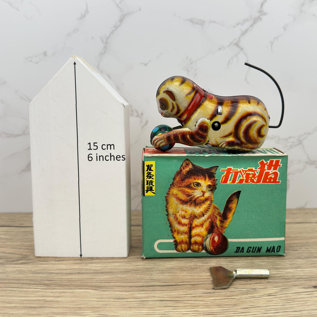 Vintage Litho Wind Up Cat Toy, Tinplate Kitten, Rolling Ball (AS-IS)