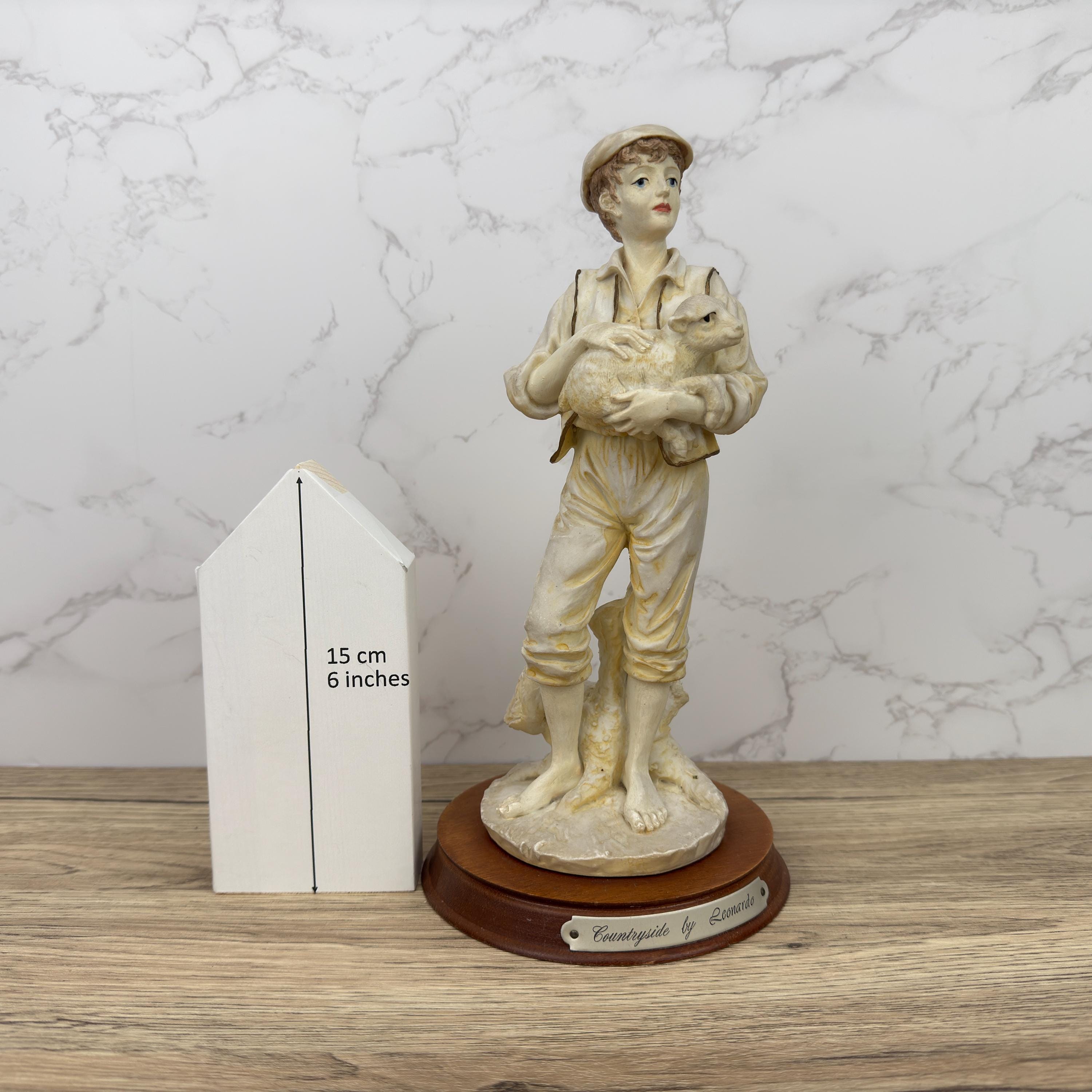 Vintage Leonardo Resin Figurine, Boy with Lamb, Countryside Decor