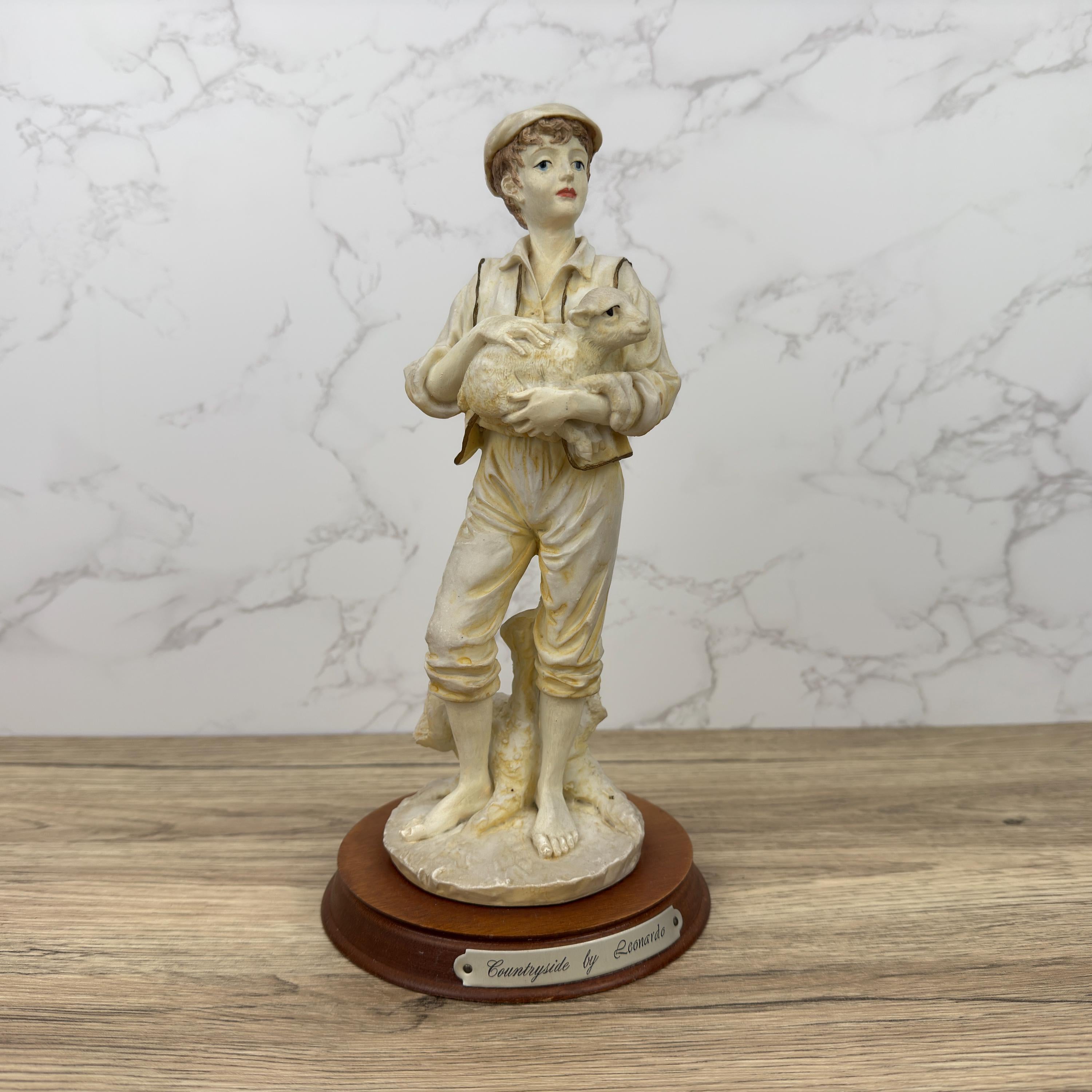 Vintage Leonardo Resin Figurine, Boy with Lamb, Countryside Decor