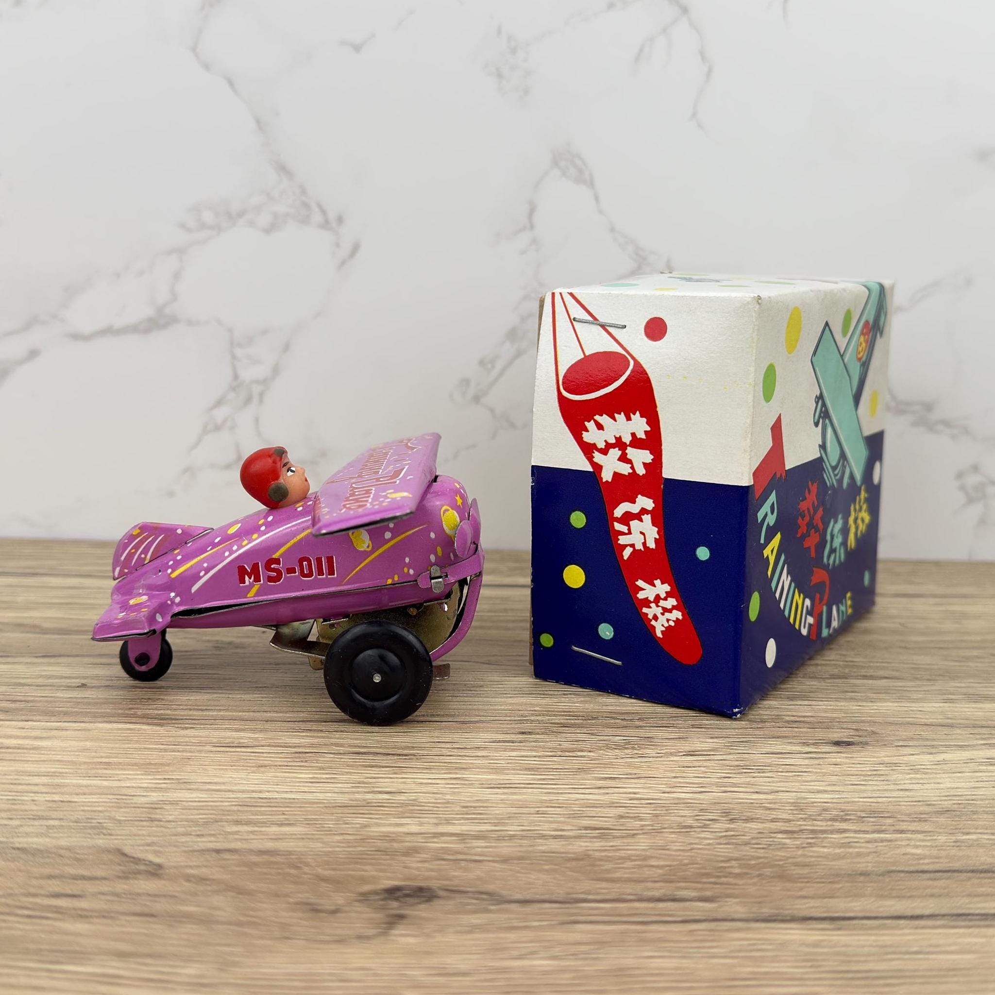 Vintage Pink Tin Training Plane Toy, Wind-Up Collectible