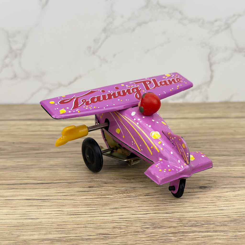 Vintage Pink Tin Training Plane Toy, Wind-Up Collectible