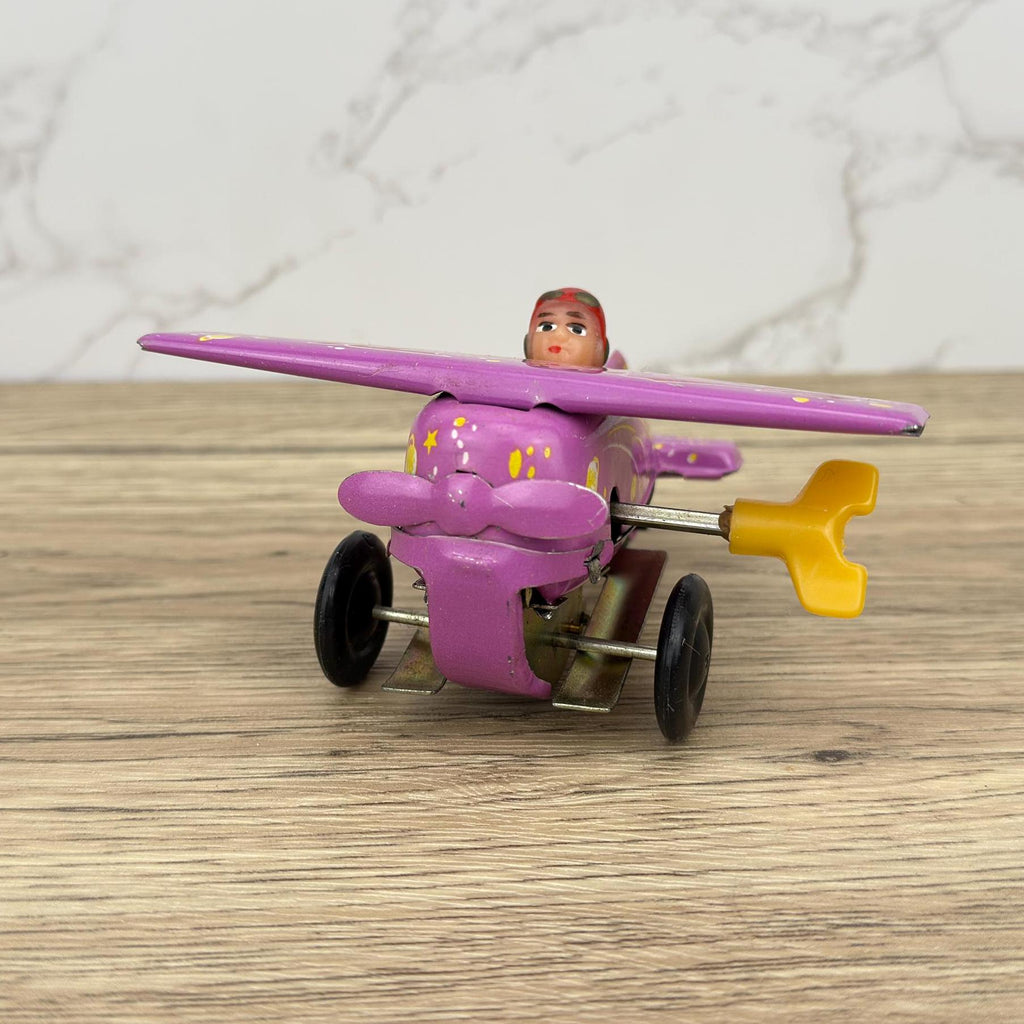 Vintage Pink Tin Training Plane Toy, Wind-Up Collectible
