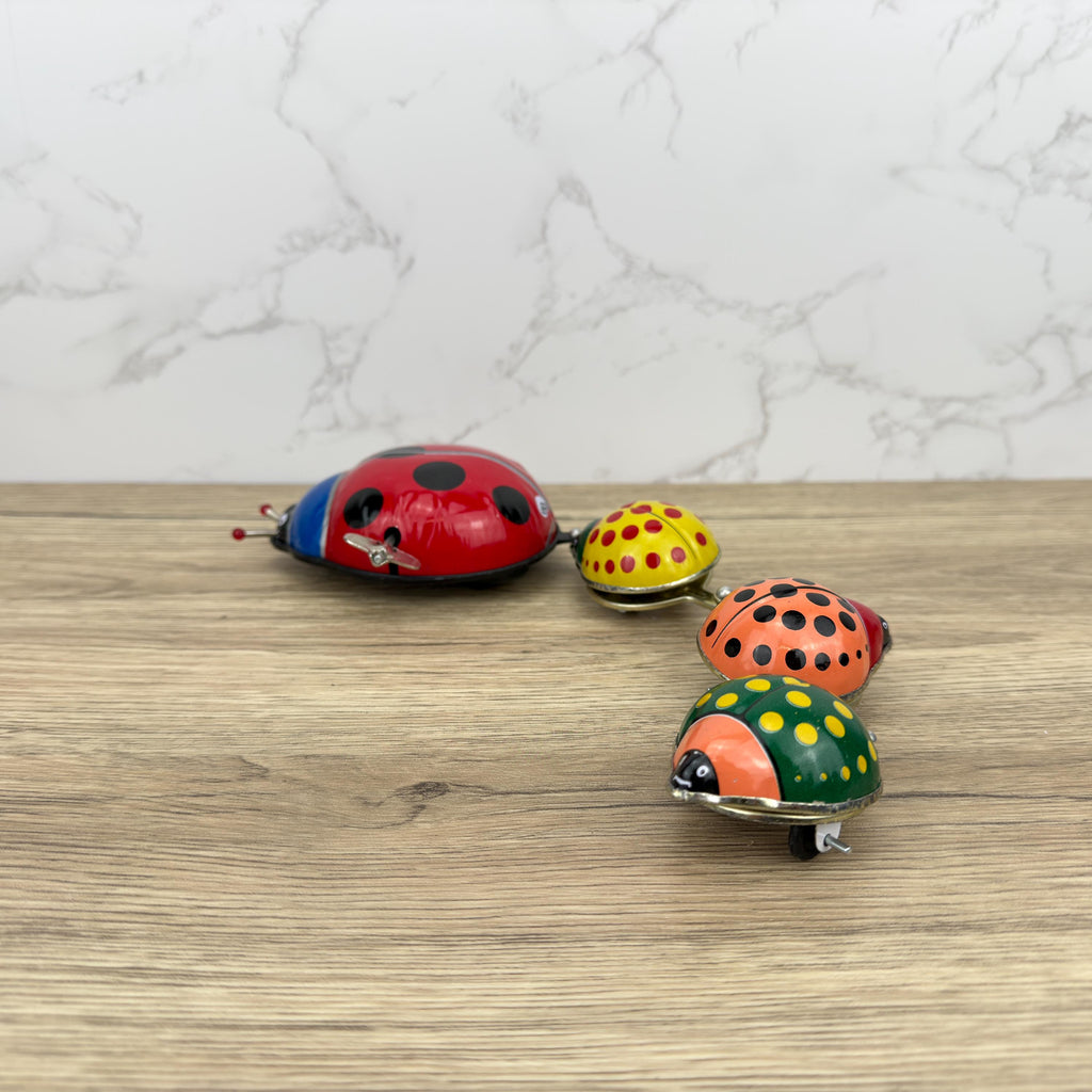 Vintage Tinplate Ladybug Family Parade Windup Toy, Collectible with Box