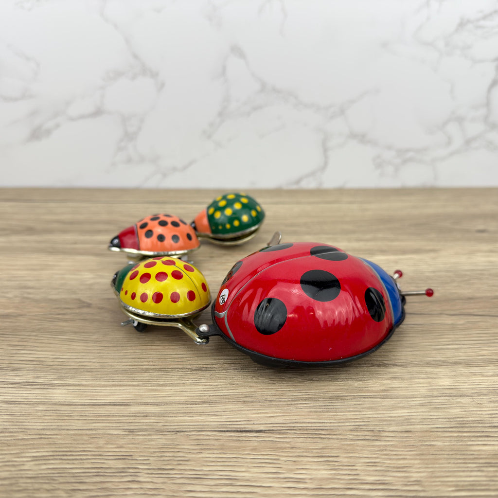 Vintage Tinplate Ladybug Family Parade Windup Toy, Collectible with Box