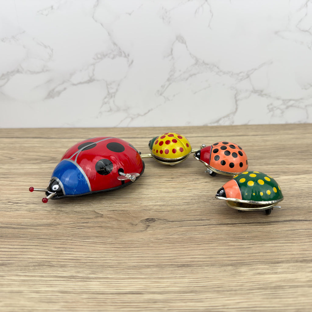 Vintage Tinplate Ladybug Family Parade Windup Toy, Collectible with Box
