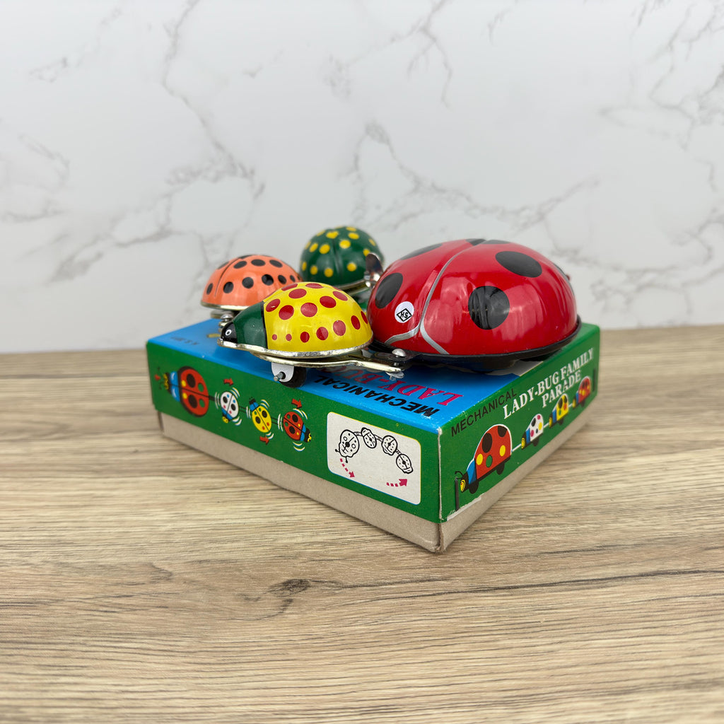 Vintage Tinplate Ladybug Family Parade Windup Toy, Collectible with Box