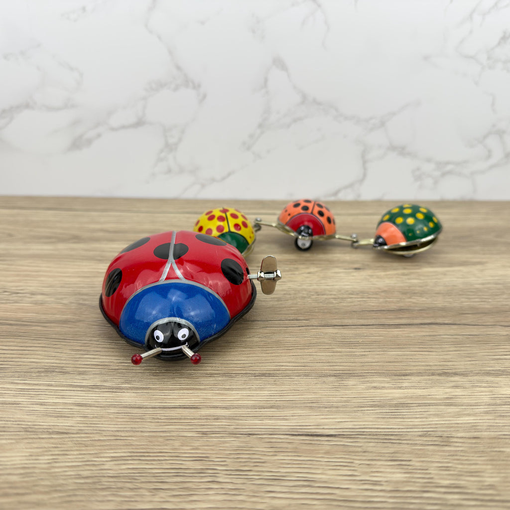 Vintage Tinplate Ladybug Family Parade Windup Toy, Collectible with Box