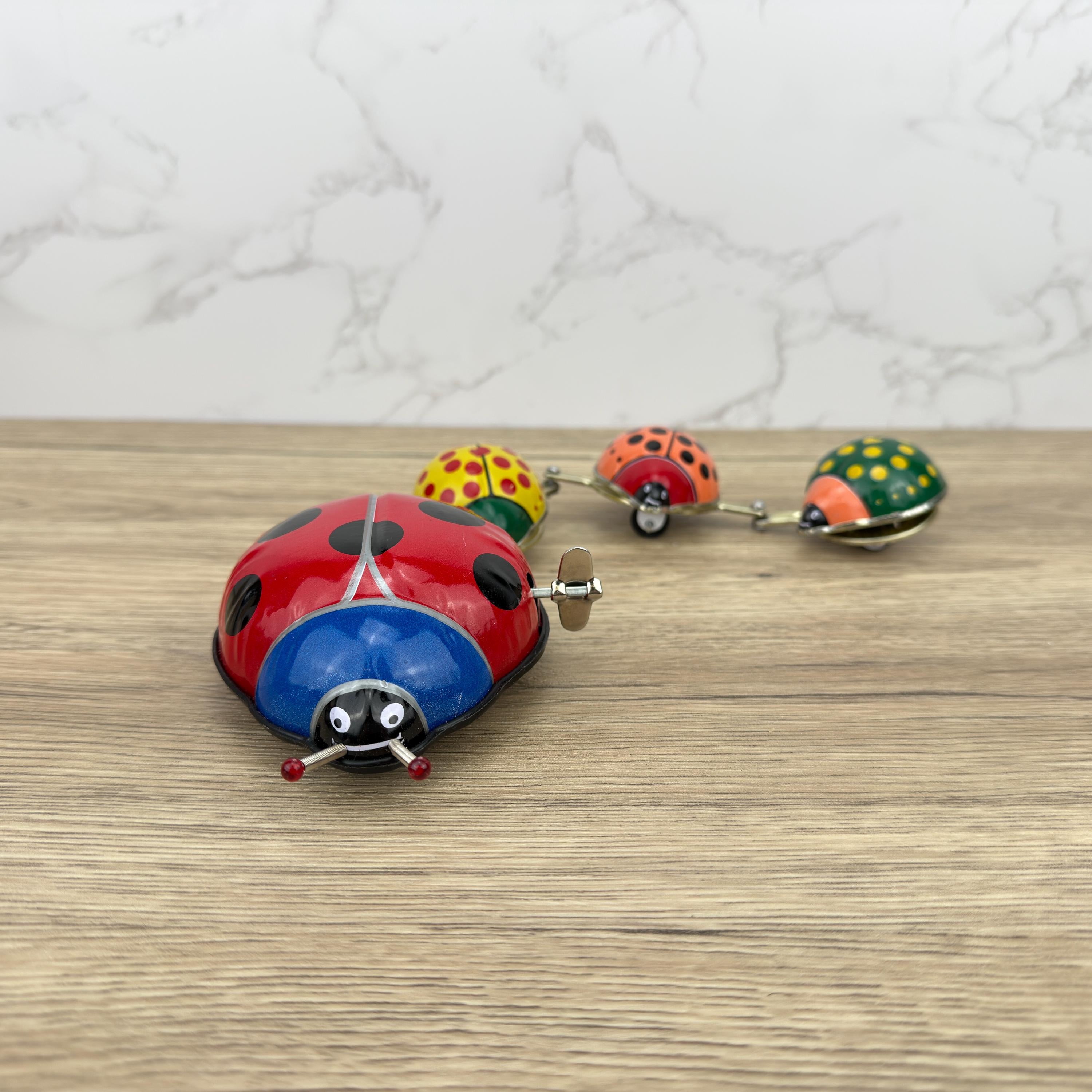 Vintage Tinplate Ladybug Family Parade Windup Toy, Collectible with Box