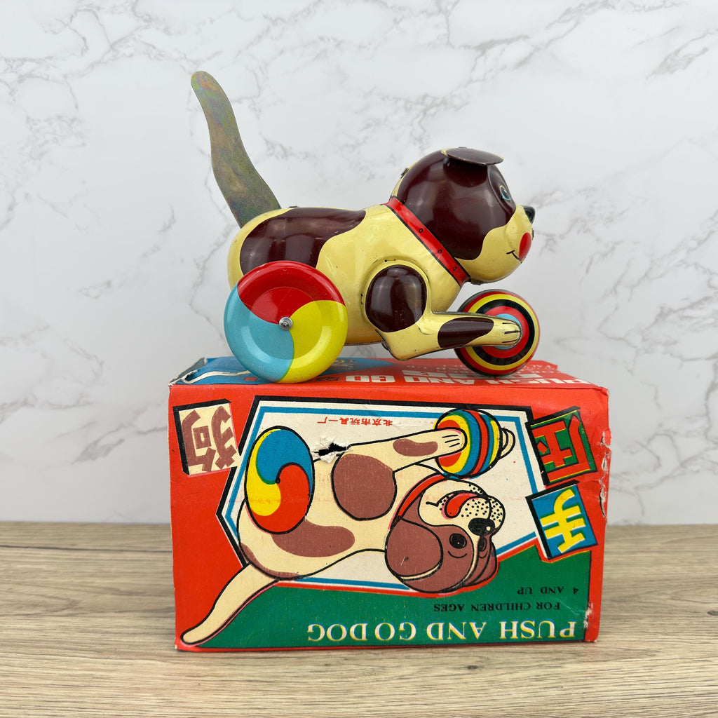 Vintage Metal Wind-Up Dog Toy, 1970s Tinplate Puppy, Push&Go