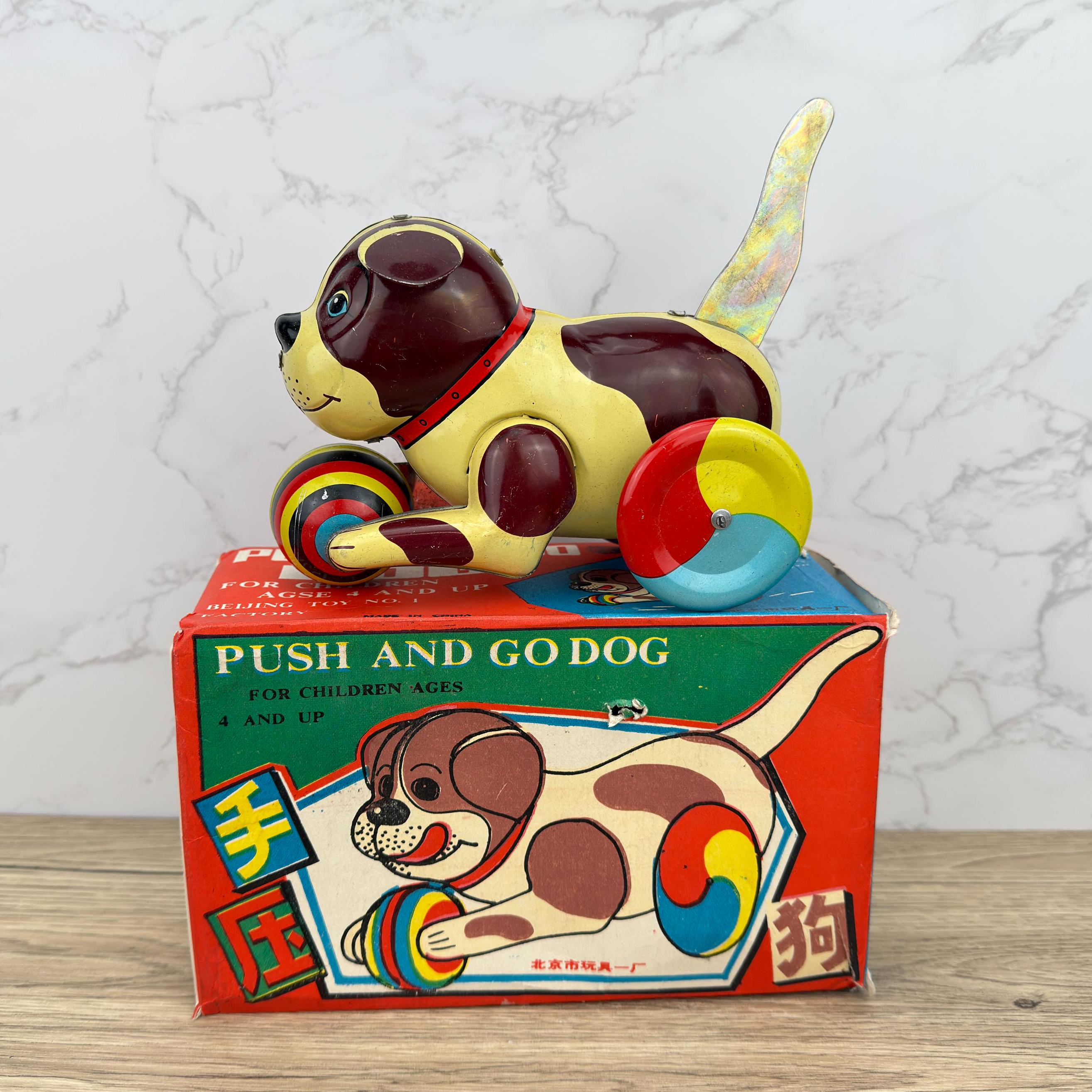 Vintage Metal Wind-Up Dog Toy, 1970s Tinplate Puppy, Push&Go