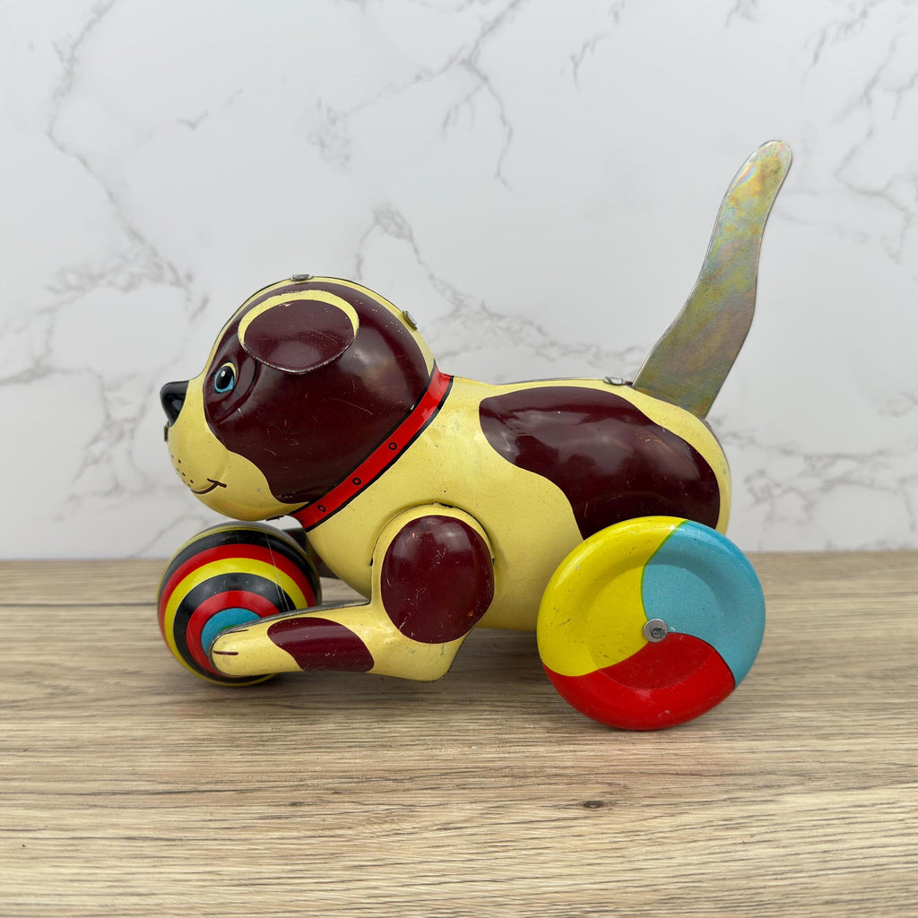Vintage Metal Wind-Up Dog Toy, 1970s Tinplate Puppy, Push&Go