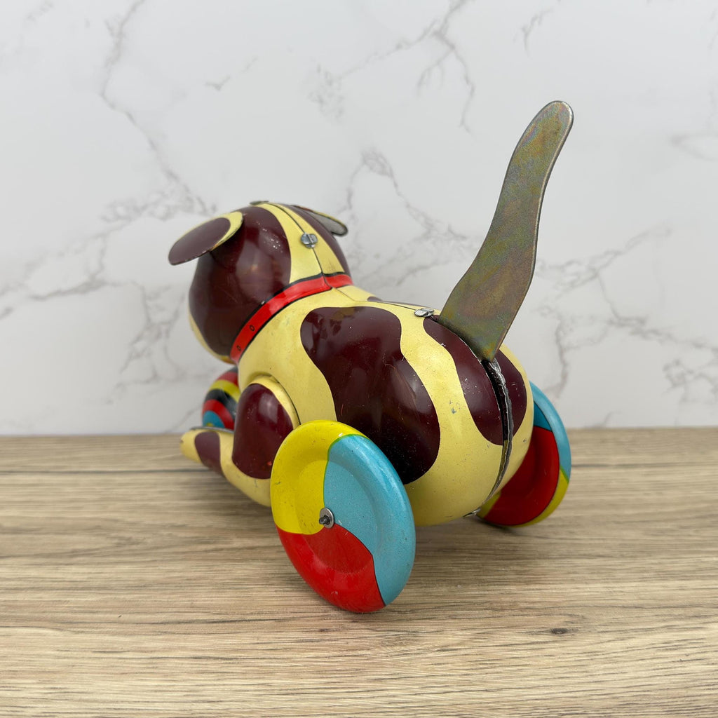 Vintage Metal Wind-Up Dog Toy, 1970s Tinplate Puppy, Push&Go