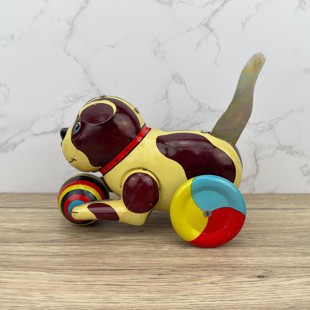 Vintage Metal Wind-Up Dog Toy, 1970s Tinplate Puppy, Push&Go