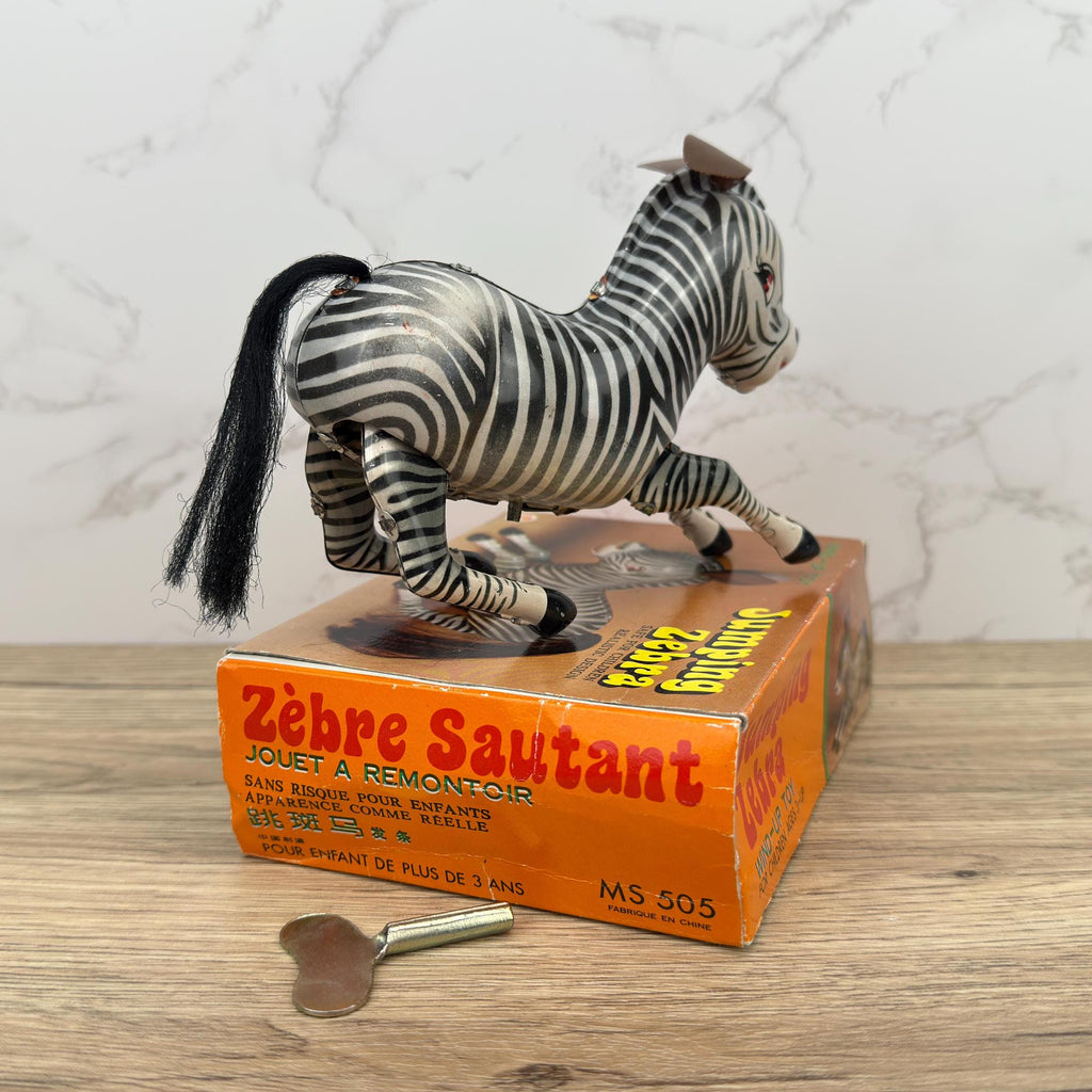 Vintage Wind-Up Tin Toy Bucking Zebra, Litho Clockwork 1970s, With Key & Box