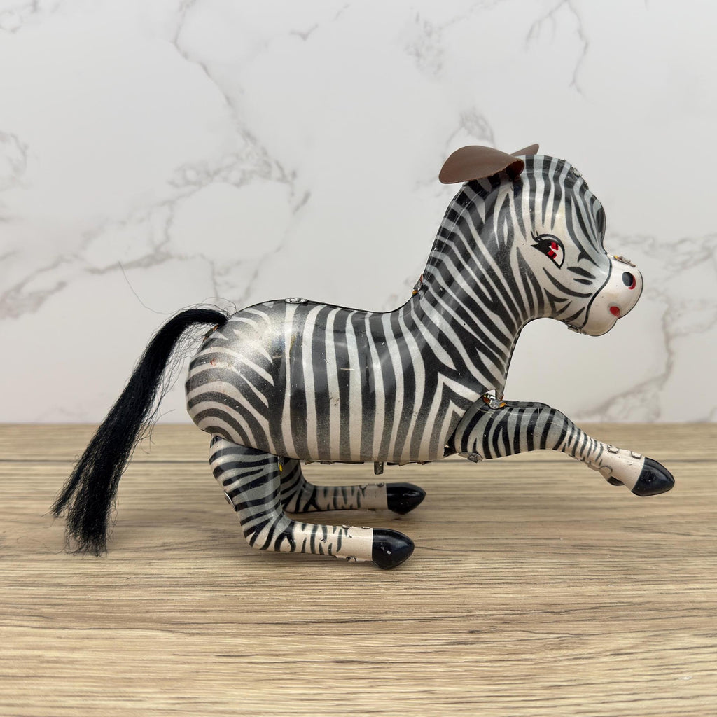 Vintage Wind-Up Tin Toy Bucking Zebra, Litho Clockwork 1970s, With Key & Box