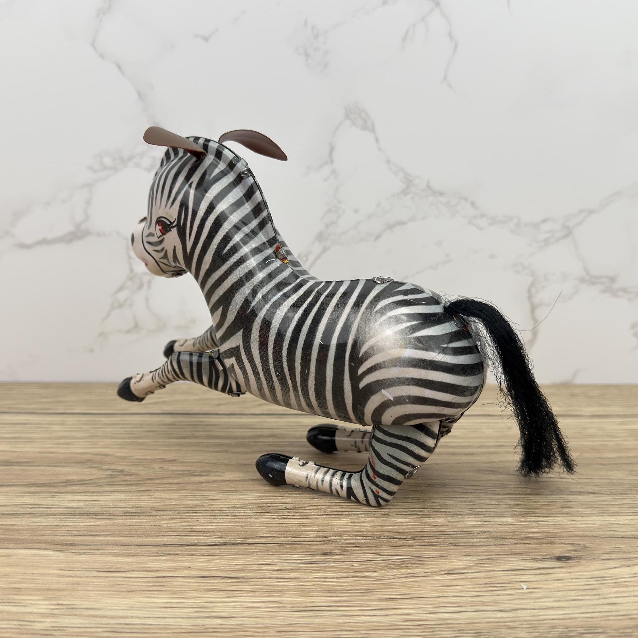 Vintage Wind-Up Tin Toy Bucking Zebra, Litho Clockwork 1970s, With Key & Box