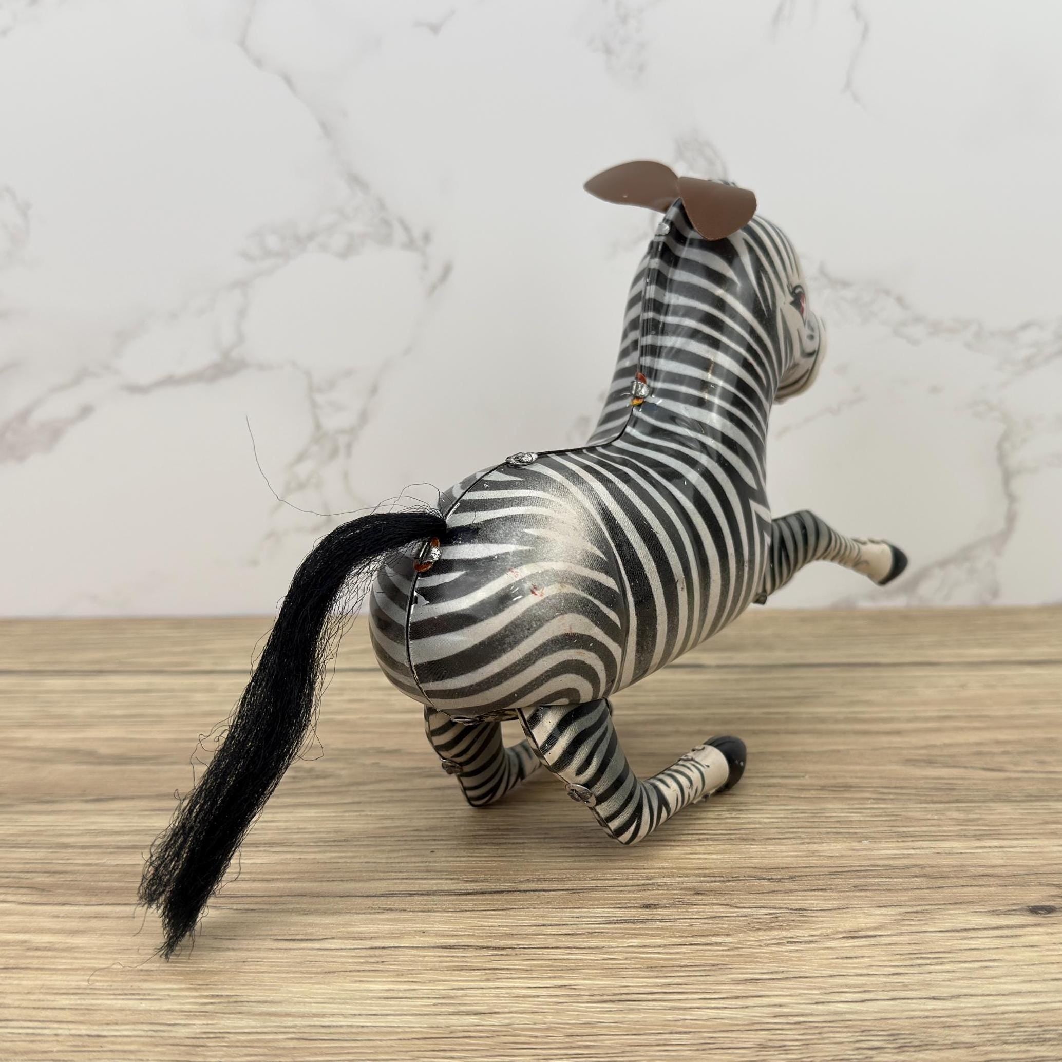 Vintage Wind-Up Tin Toy Bucking Zebra, Litho Clockwork 1970s, With Key & Box