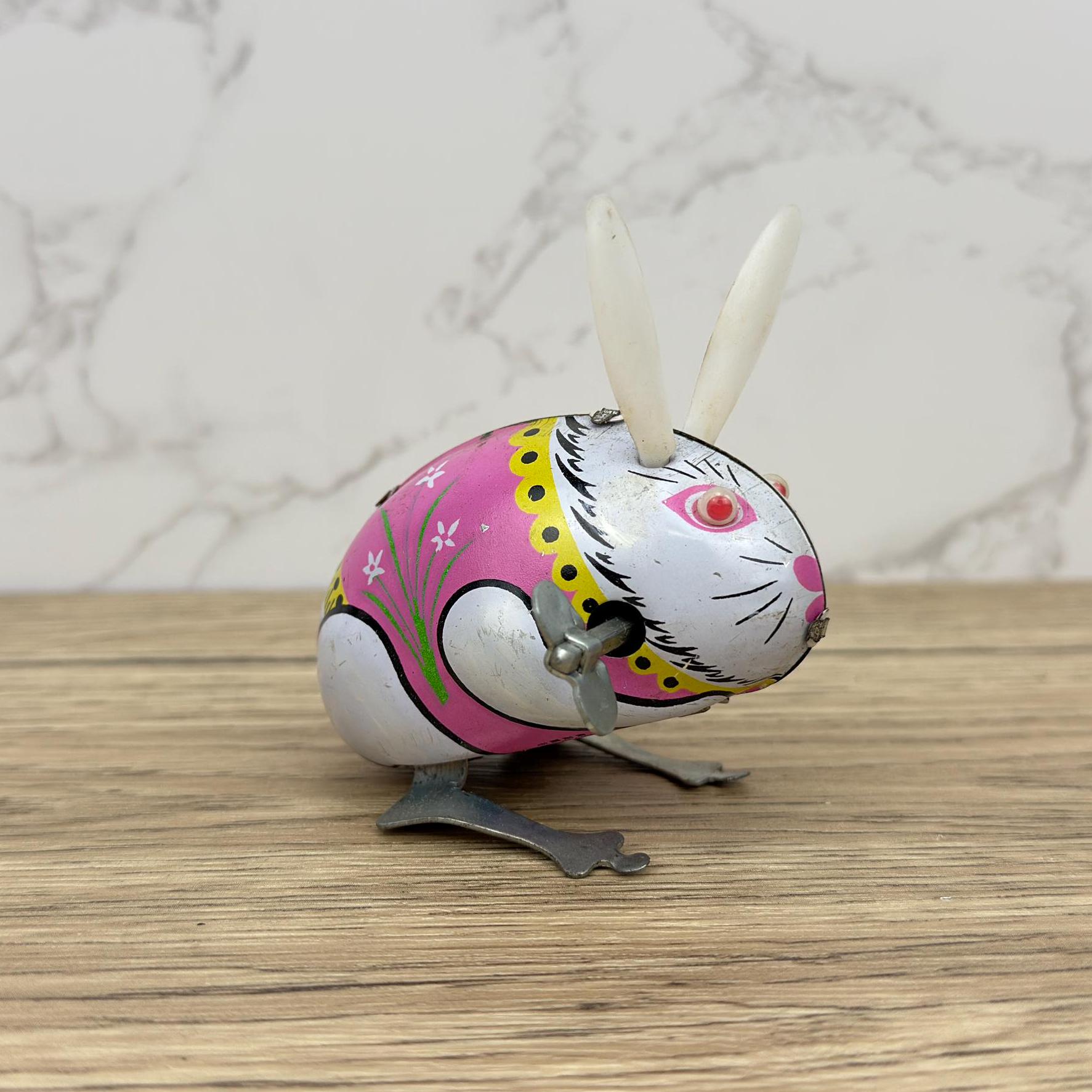 Vintage Clockwork Jumping Rabbit, MS083 Tin Litho Toy, Collectors Gift