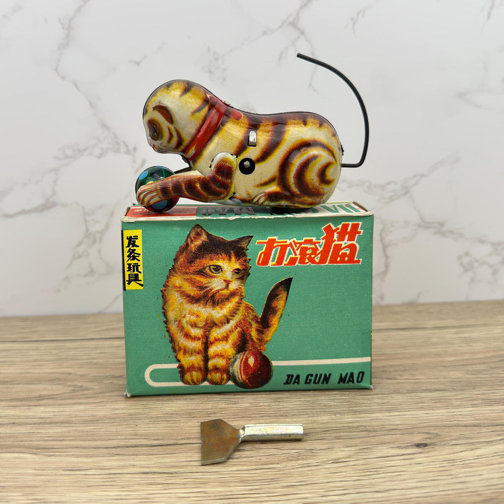 Vintage Litho Wind Up Cat Toy, Tinplate Kitten, Rolling Ball (AS-IS)