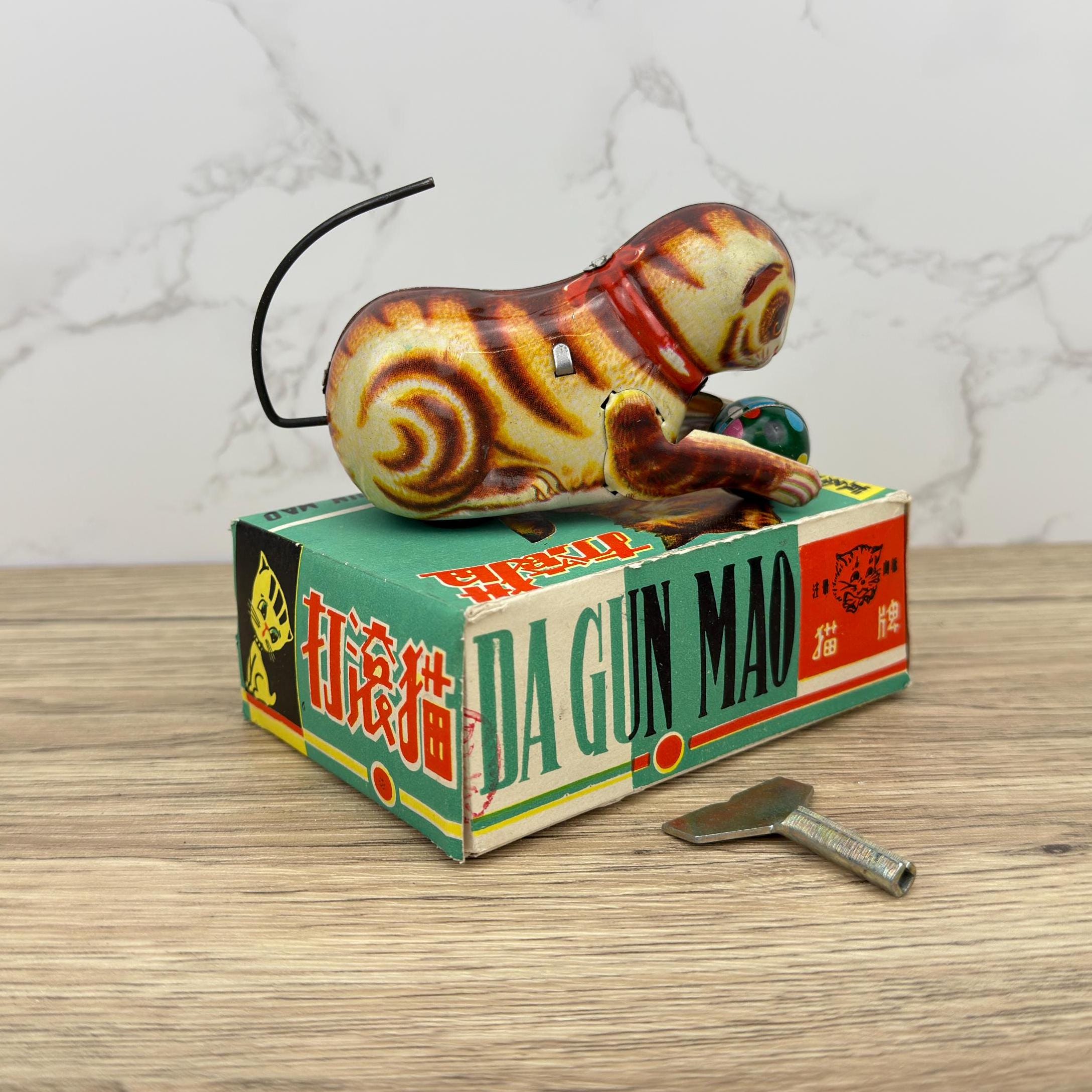 Vintage Litho Wind Up Cat Toy, Tinplate Kitten, Rolling Ball (AS-IS)