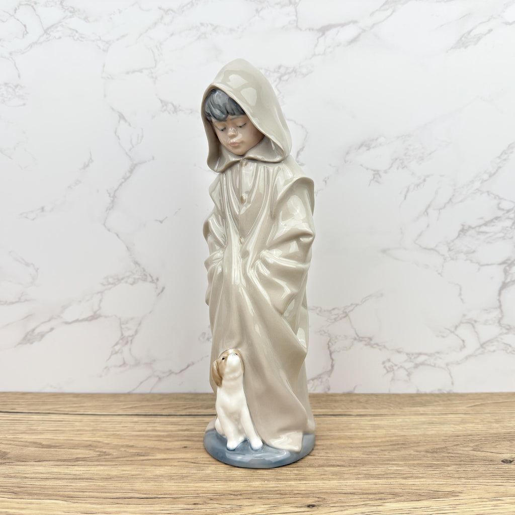Vintage Nao Lladro Porcelain Figurine, Boy in Raincoat with Dog