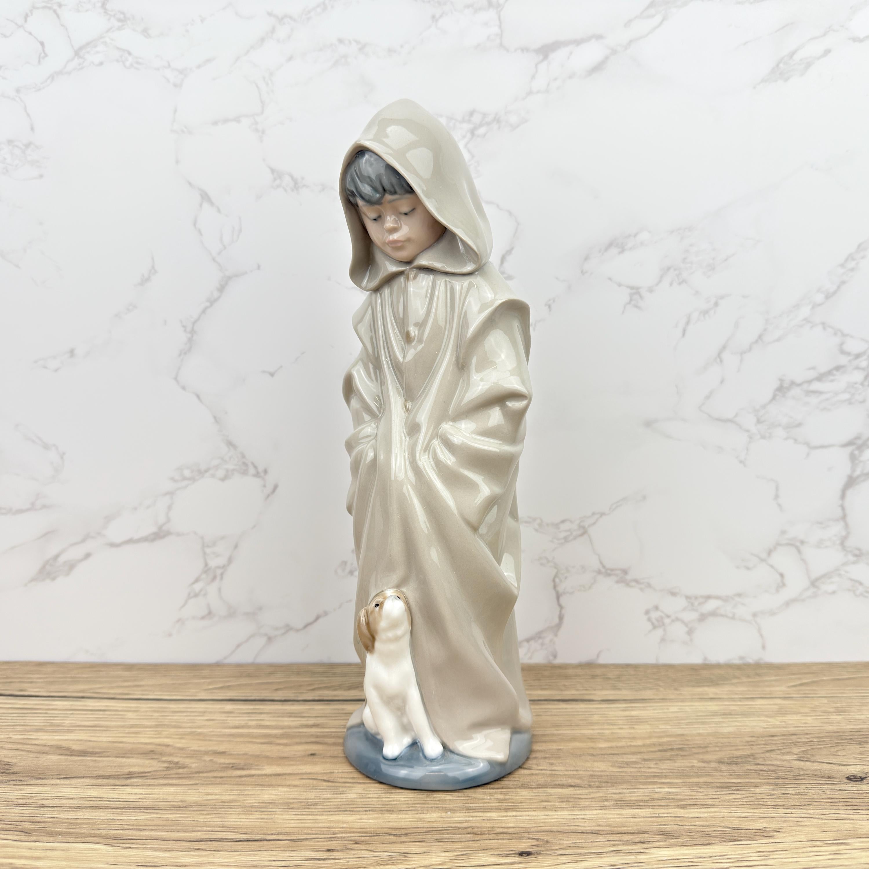Vintage Nao Lladro Porcelain Figurine, Boy in Raincoat with Dog
