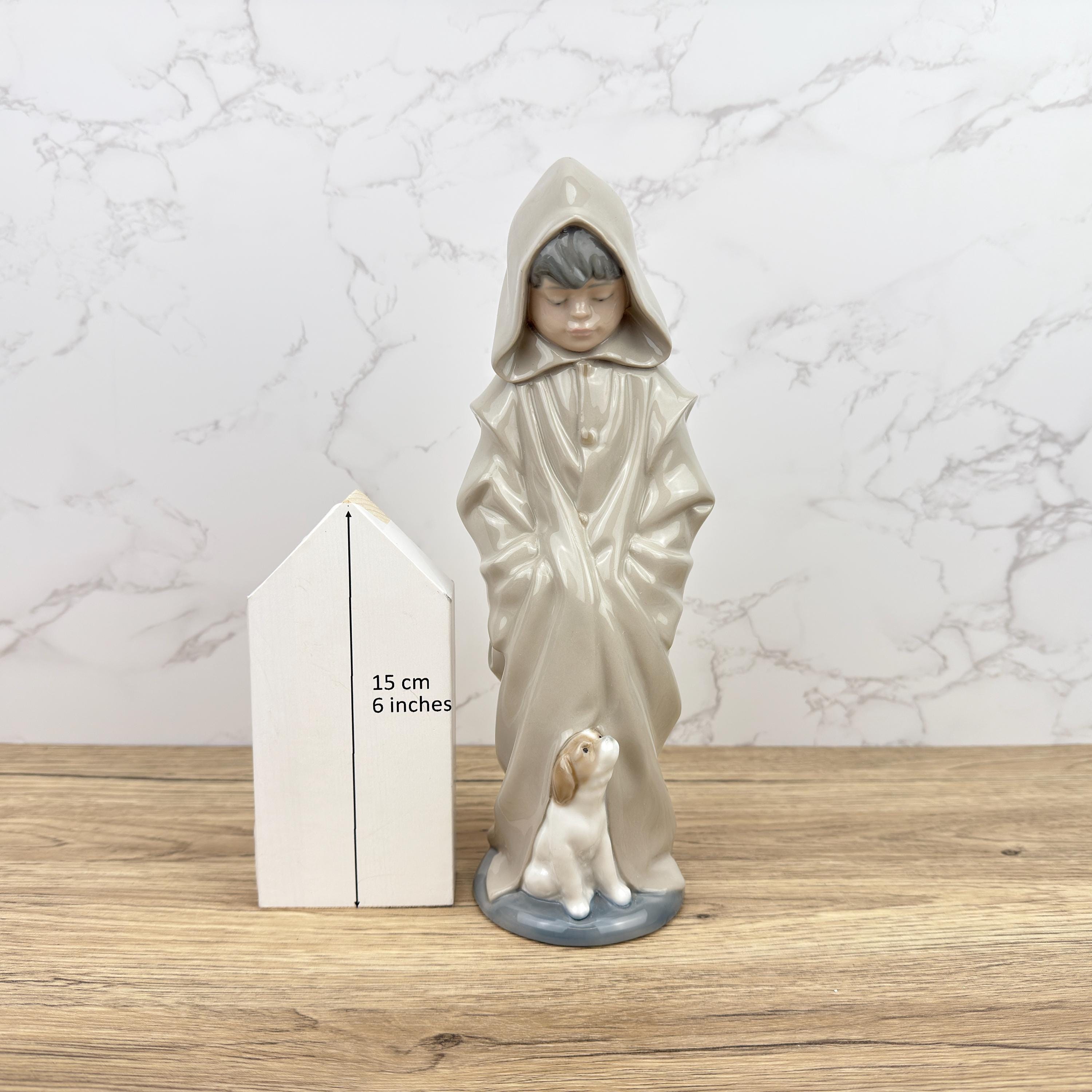 Vintage Nao Lladro Porcelain Figurine, Boy in Raincoat with Dog