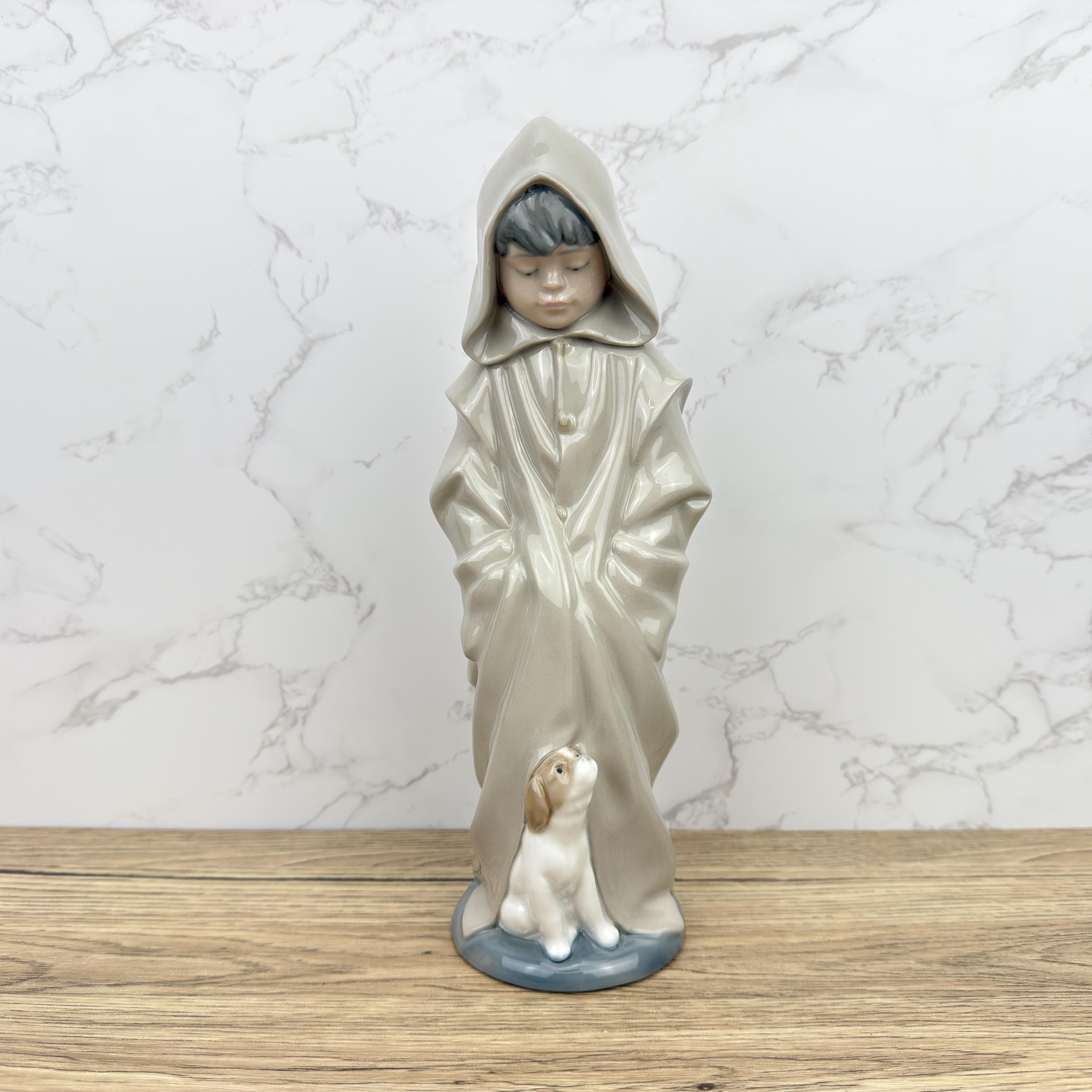 Vintage Nao Lladro Porcelain Figurine, Boy in Raincoat with Dog