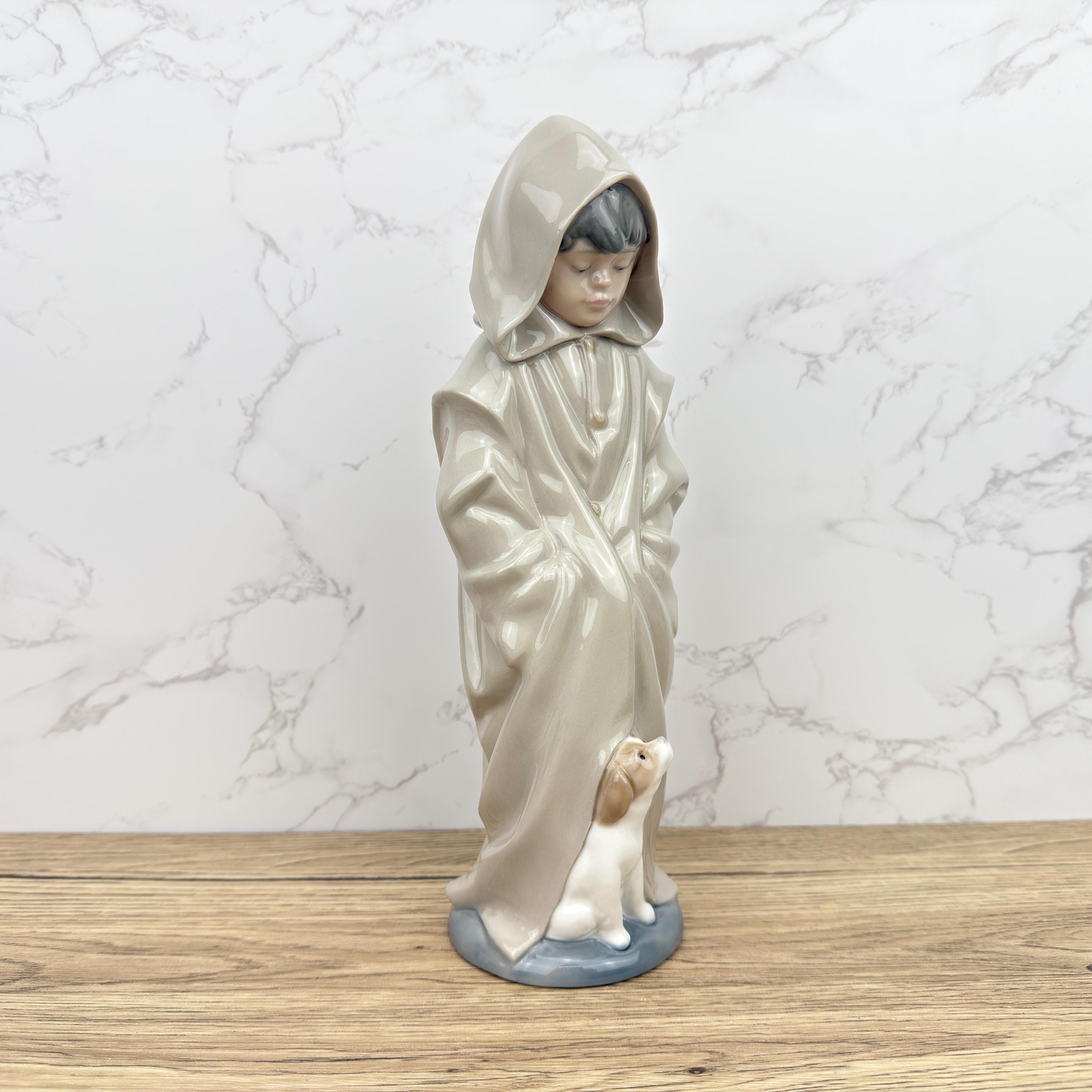 Vintage Nao Lladro Porcelain Figurine, Boy in Raincoat with Dog