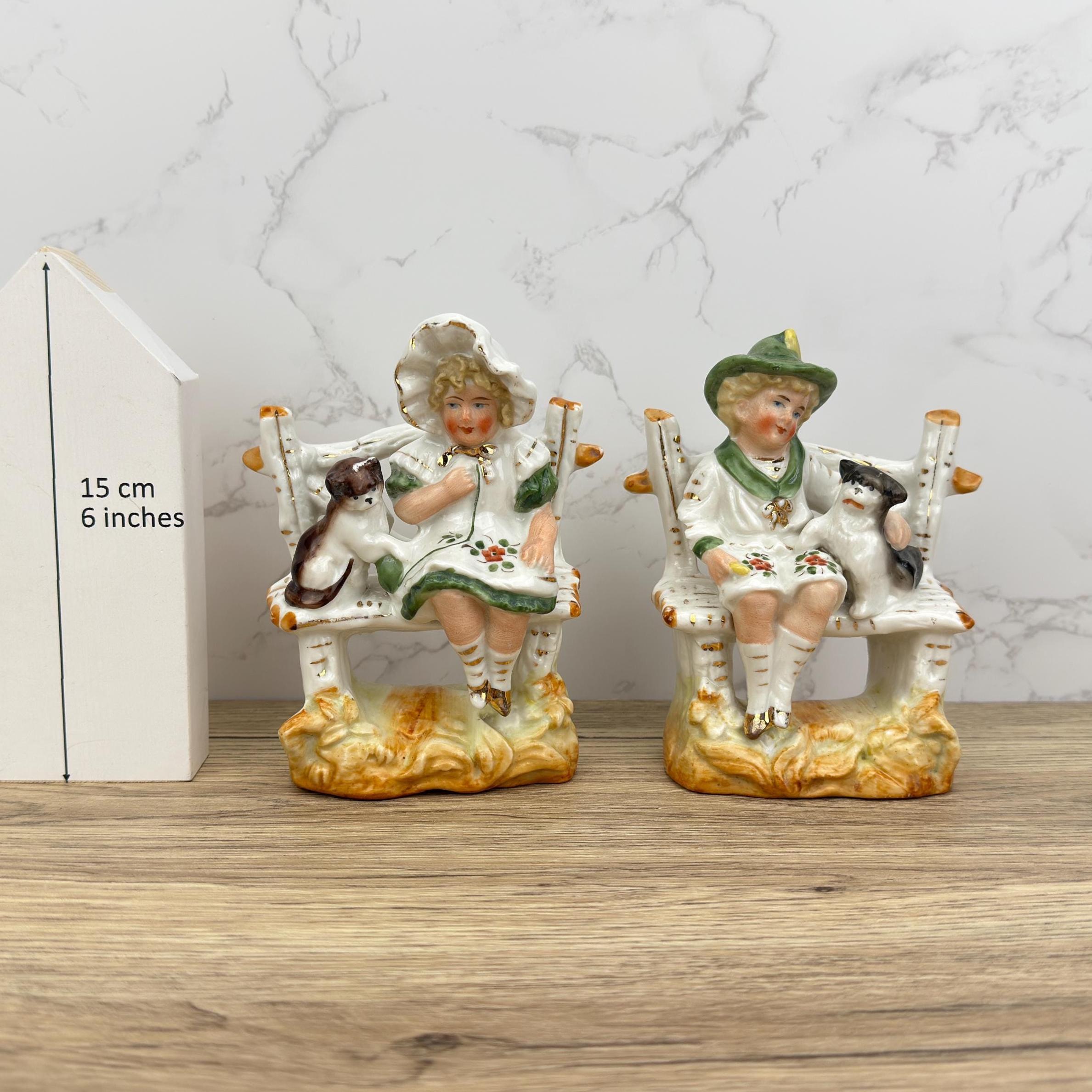 Vintage Porcelain Figurines – Boy & Girl with Dogs, Victorian Style